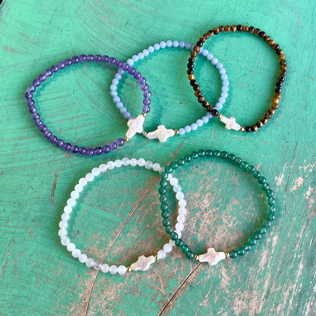 Natural Stone Freshwater Pearl Cross Bracelet