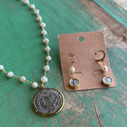 Two Tone St Benedict Freshwater Pearl Necklace or Earrings