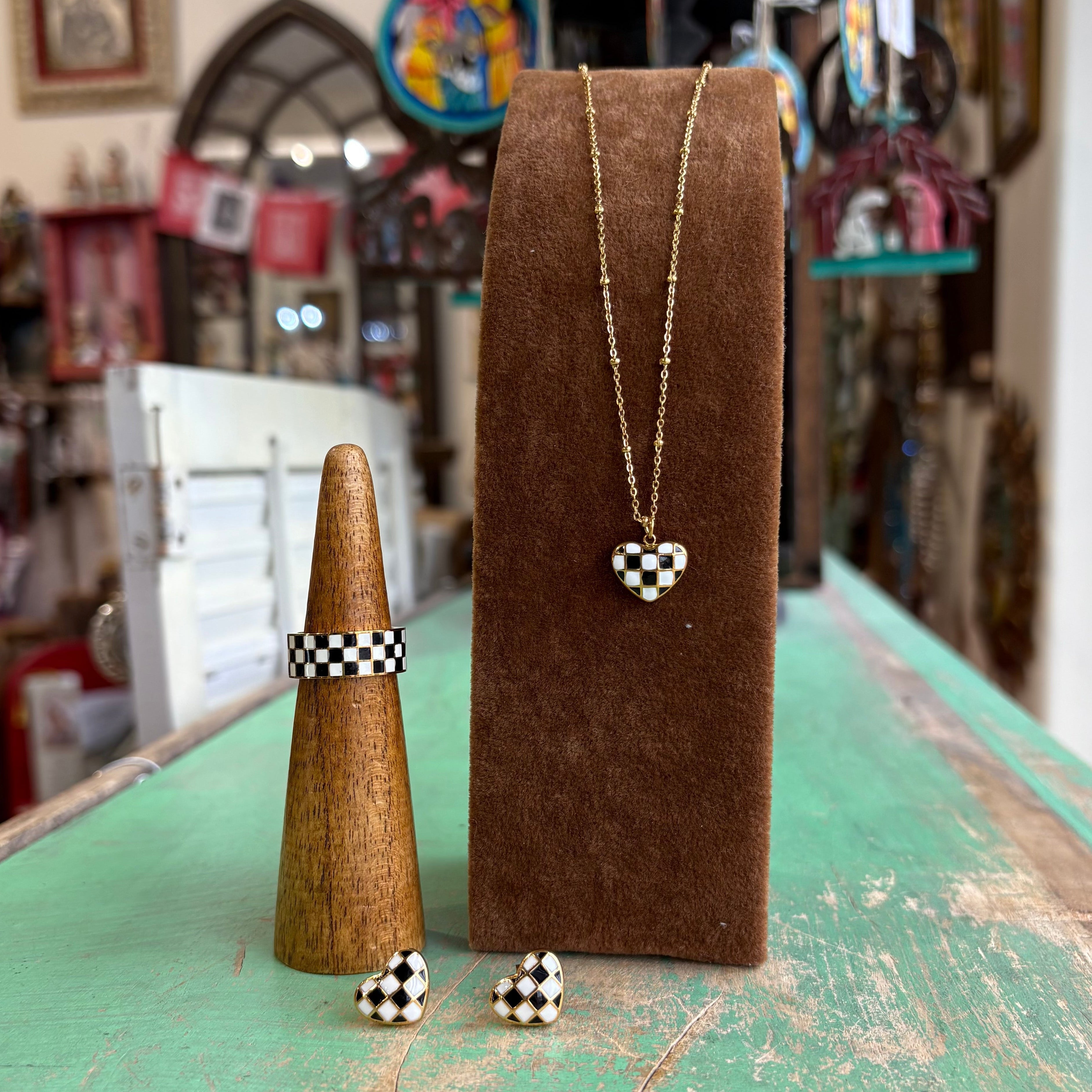 Checkered Gold Stainless Steel Heart Necklace, Earrings or Ring