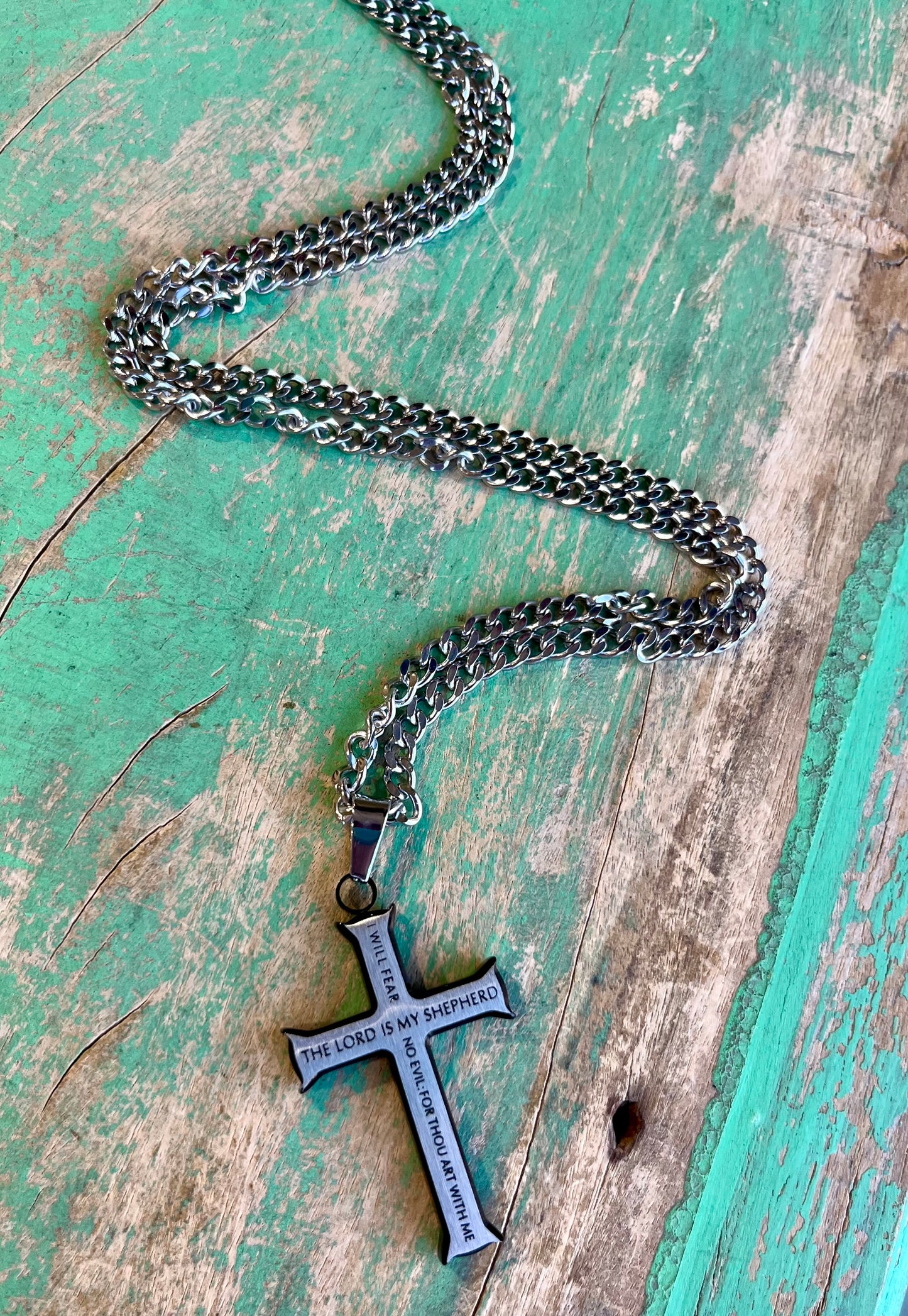 Black and Silver Iron Cross Psalm 23 24” Necklace