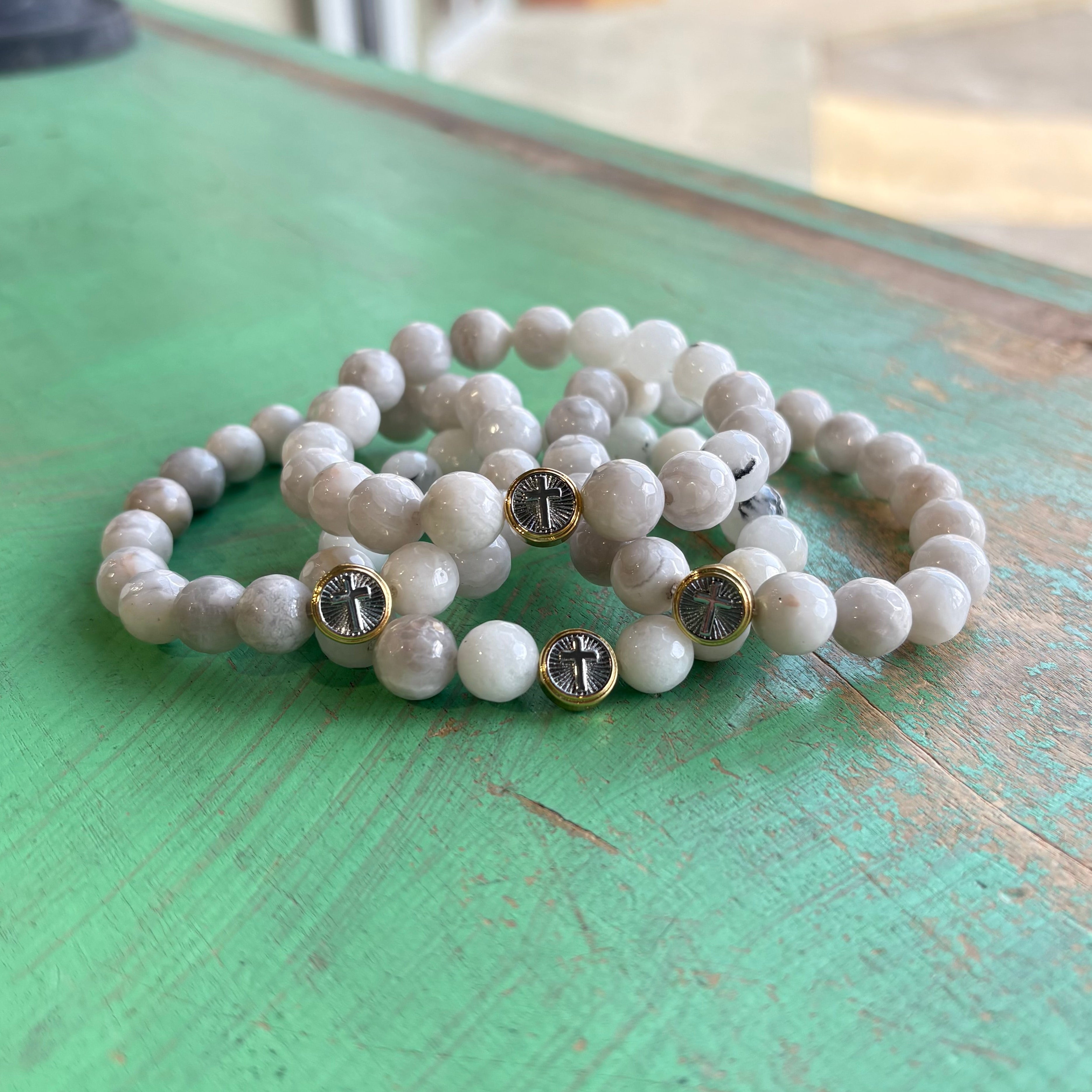 Milky White Two Tone Cross Faith Bracelet