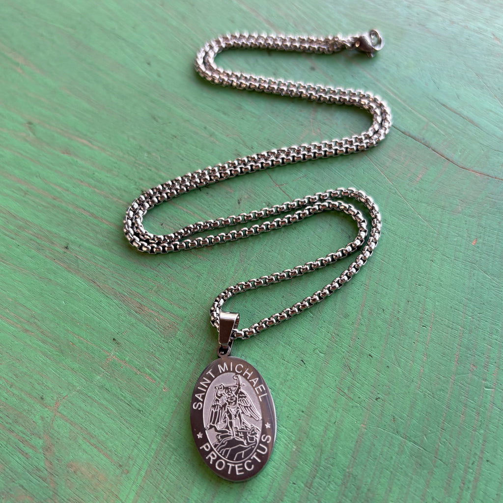 St. Michael “Protect Us” Stainless Steel Necklace – 23”