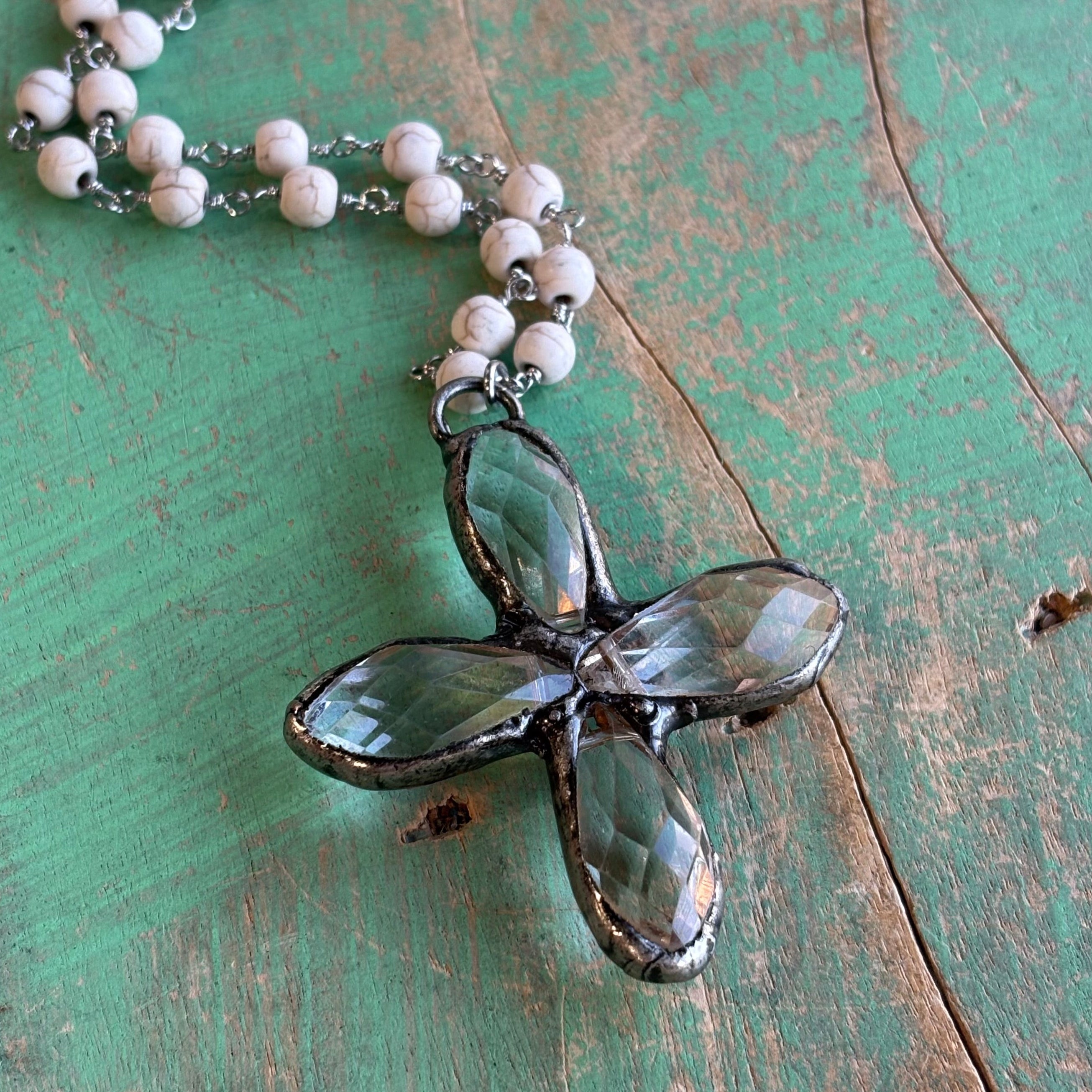 Long Crystal Cross Beige Howlite Necklace