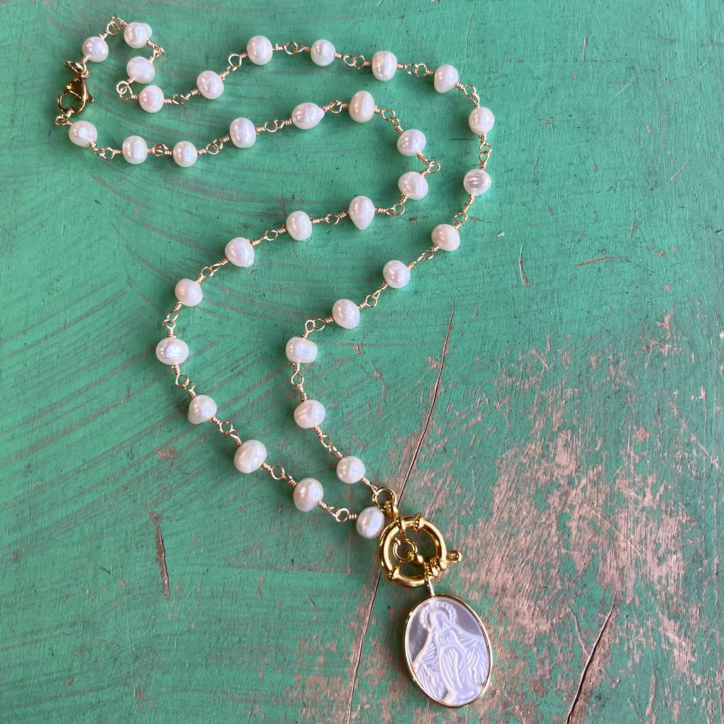 Freshwater Pearl Our Lady of Grace Gold Clasp Necklace