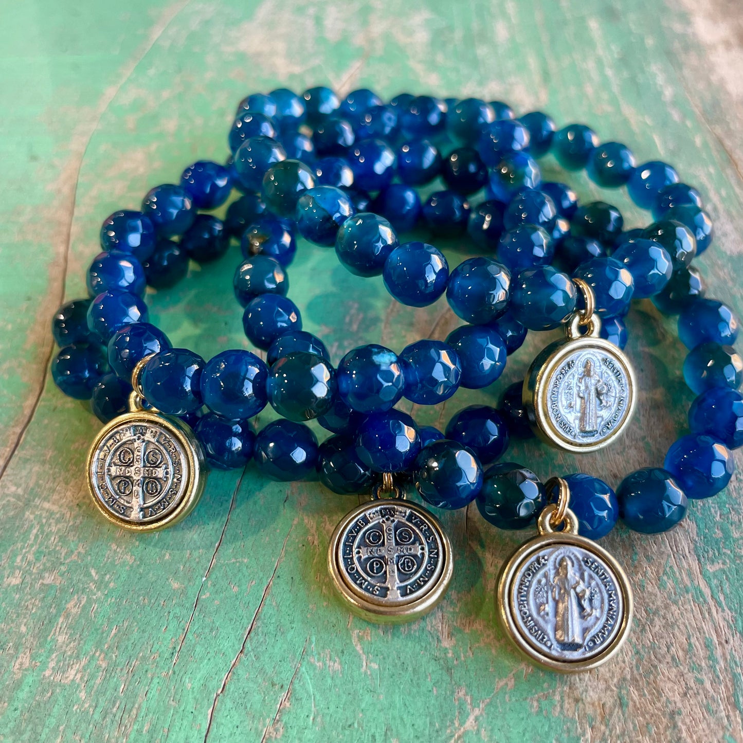 Blue Agate Two Tone St Benedict Bracelet