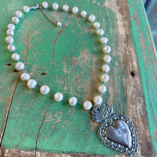 Sterling Silver Freshwater Pearl Sacred Heart Necklace