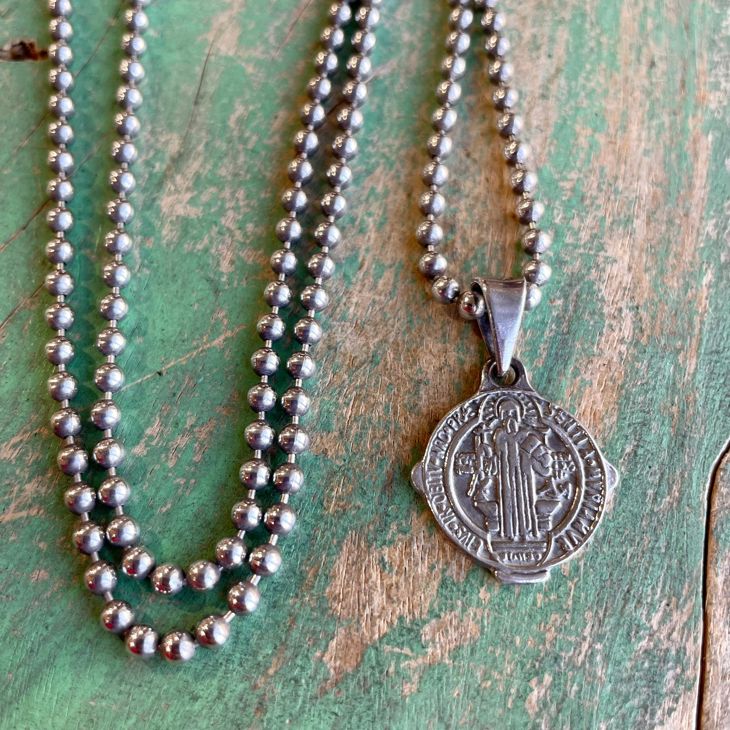 Sterling Silver St Benedict Ball Chain Necklace