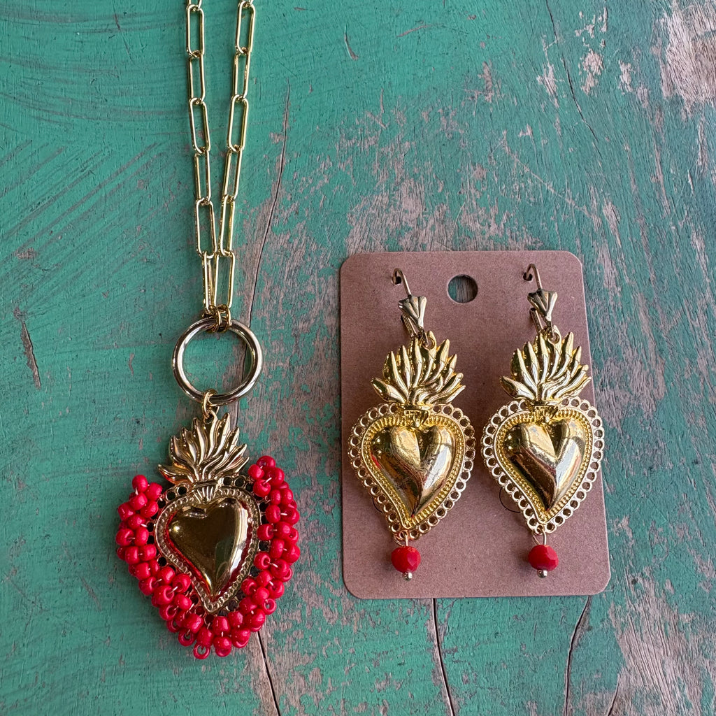 Red Love Sacred Heart Necklace or Earrings