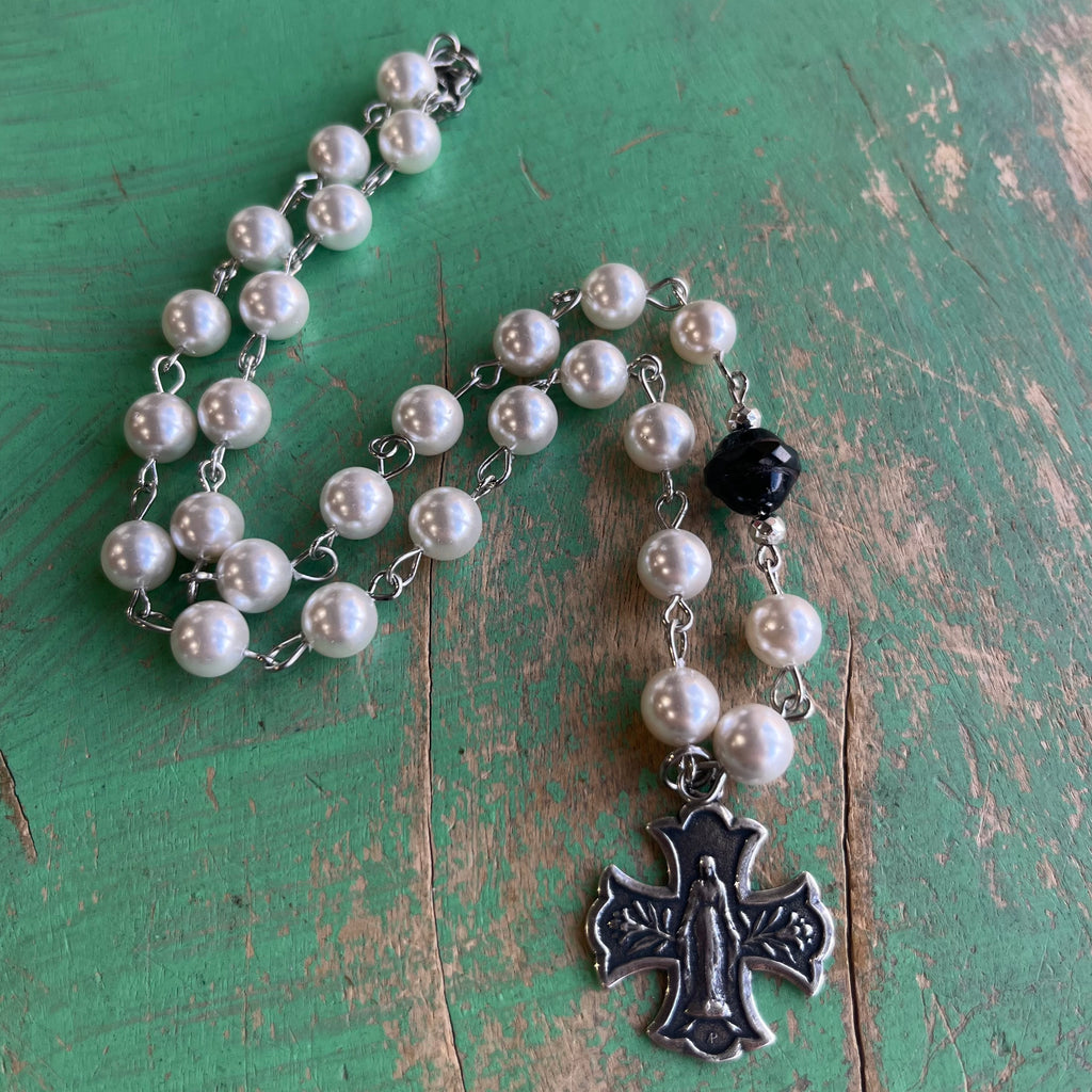 Mary Cross Pearl Necklace or Earrings