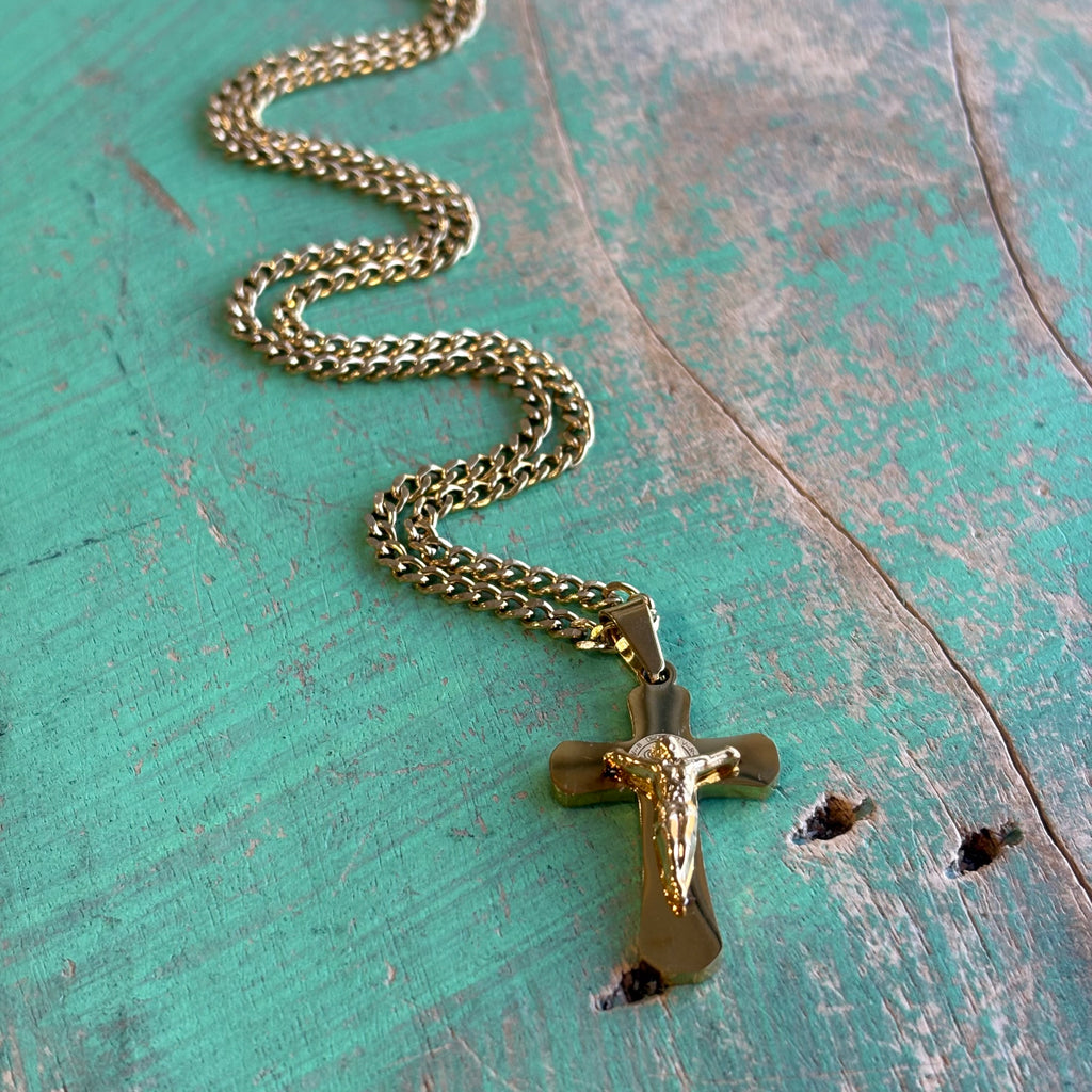 Gold Stainless Steel St Benedict Crucifix Chain Necklace