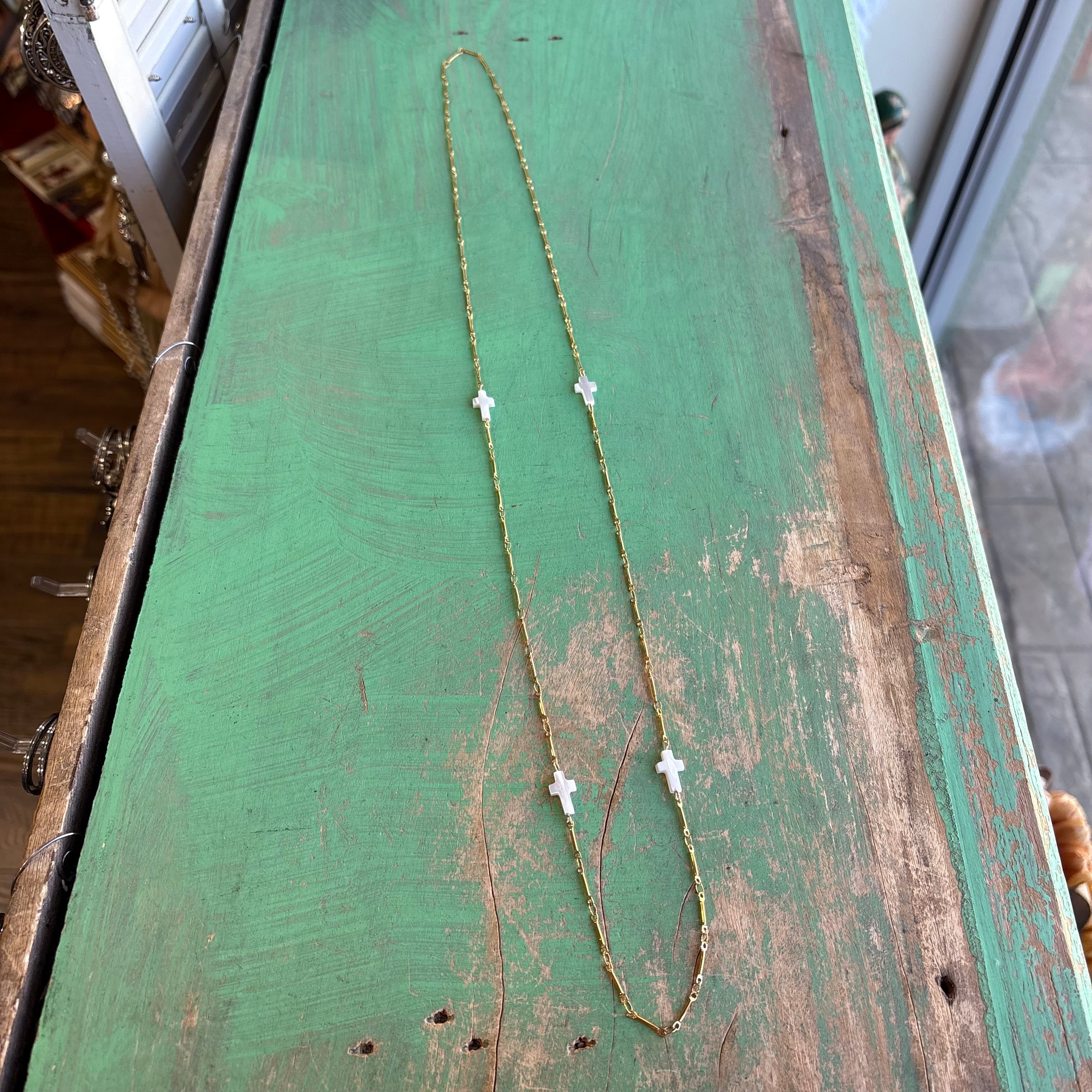 Shell Cross Long Bar Link Chain Necklace