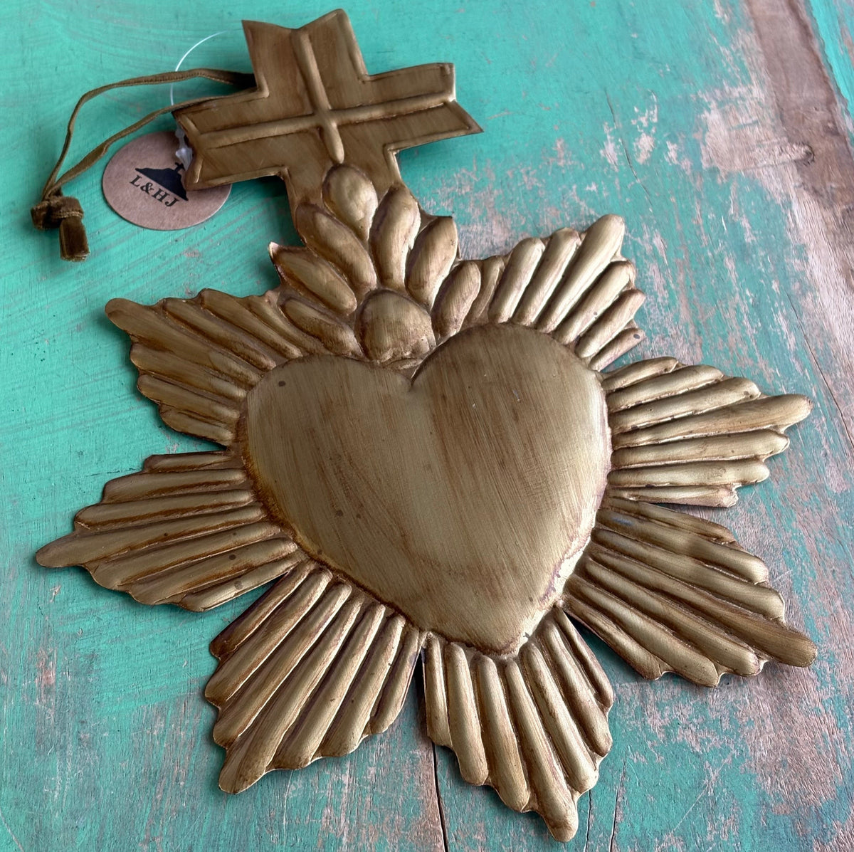 Antique Gold Sacred Heart With Cross Ex-Voto Wall Ornament – 10” Handmade in India