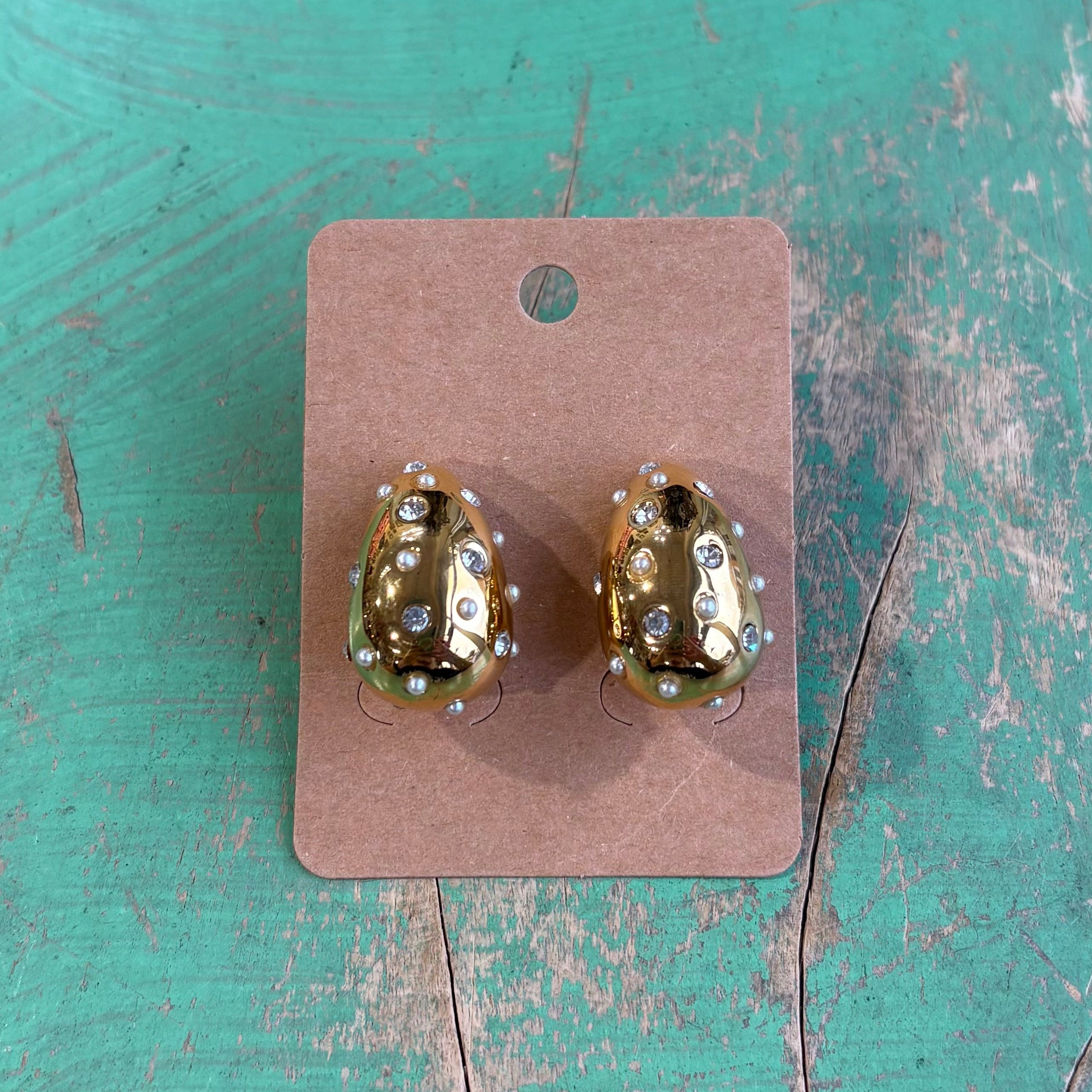 Gold Stainless Steel Pearl Crystal Teardrop Earrings