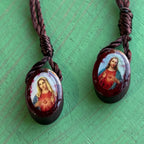 Sacred Heart & Immaculate Heart Wood Scapular – 24” Brown Cord