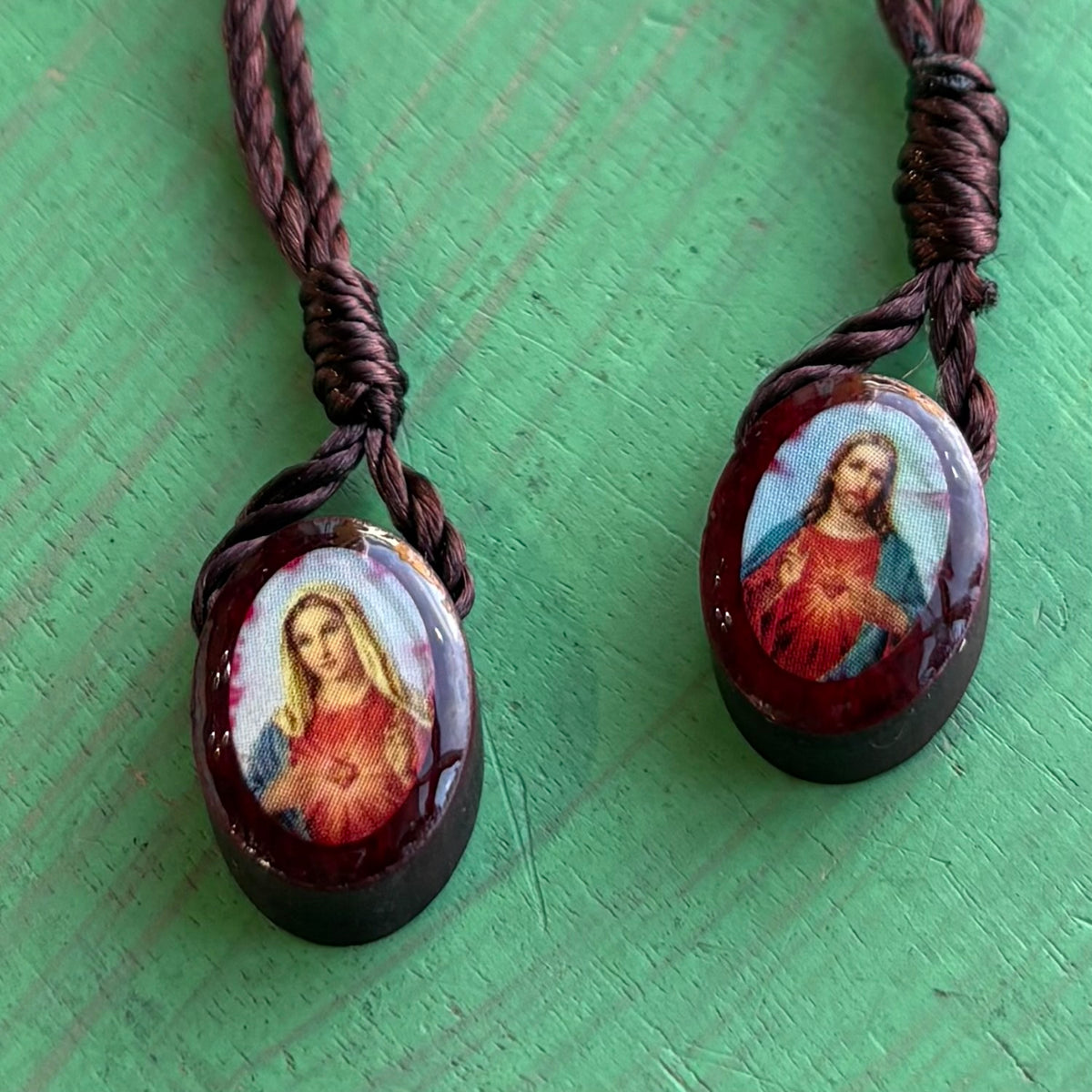 Sacred Heart & Immaculate Heart Wood Scapular – 24” Brown Cord