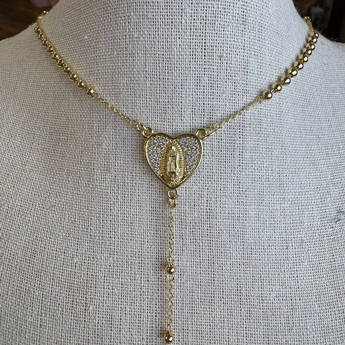Our Lady of Guadalupe CZ Heart Rosary Necklace – 14K Gold Plated