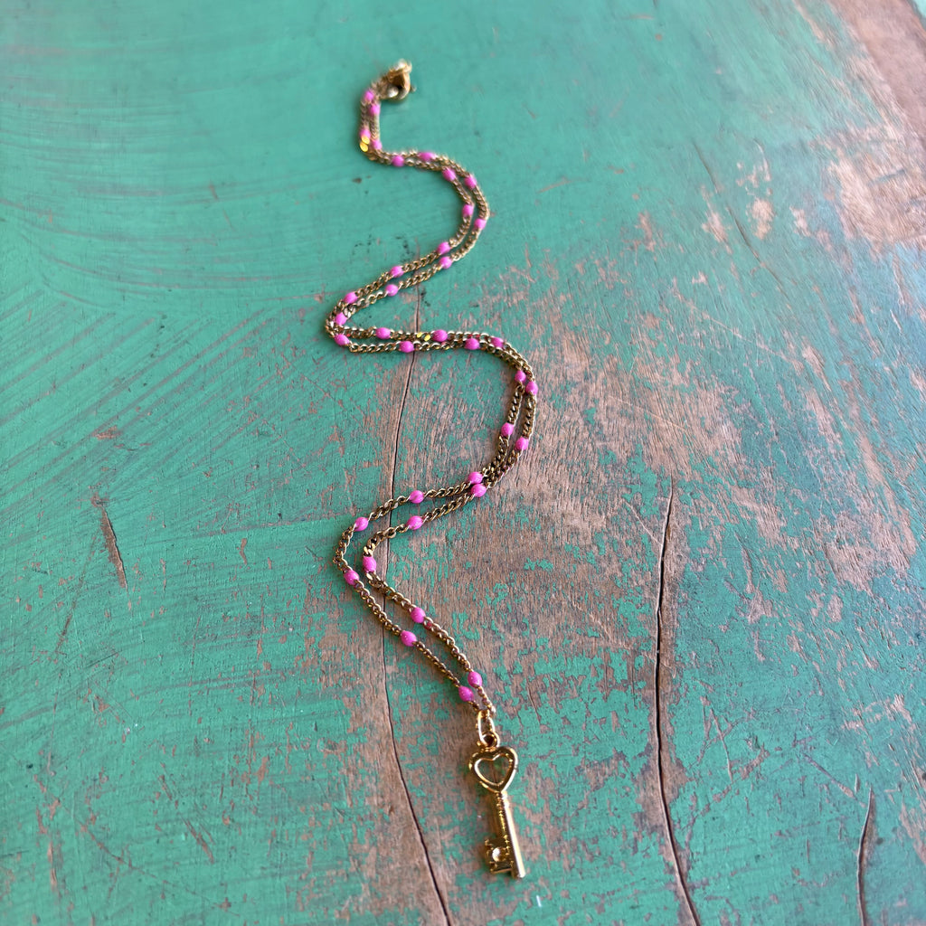 Pink Enamel Key to My Heart Necklace