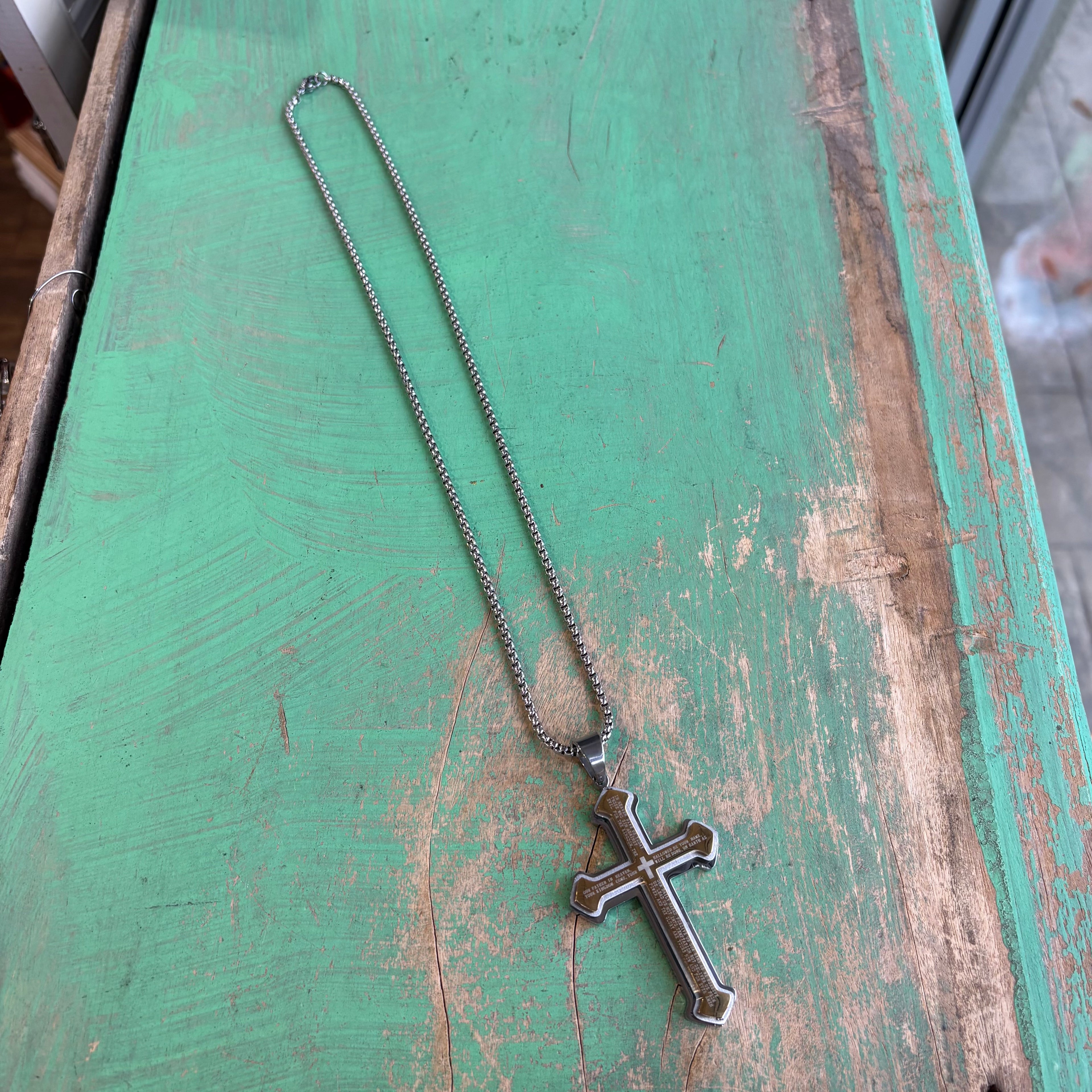 Stainless Steel Big Our Father Cross Necklace