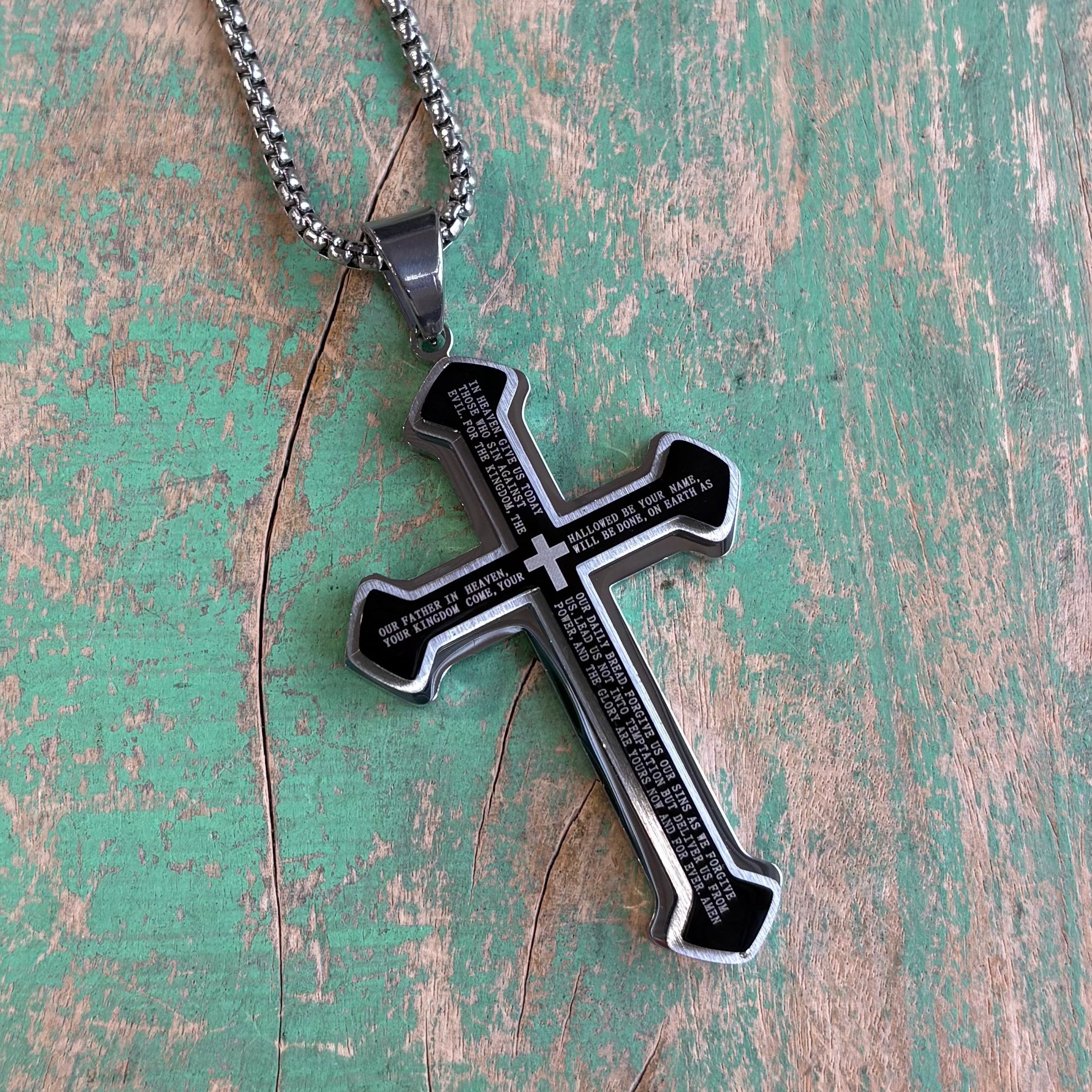 Stainless Steel Big Our Father Cross Necklace