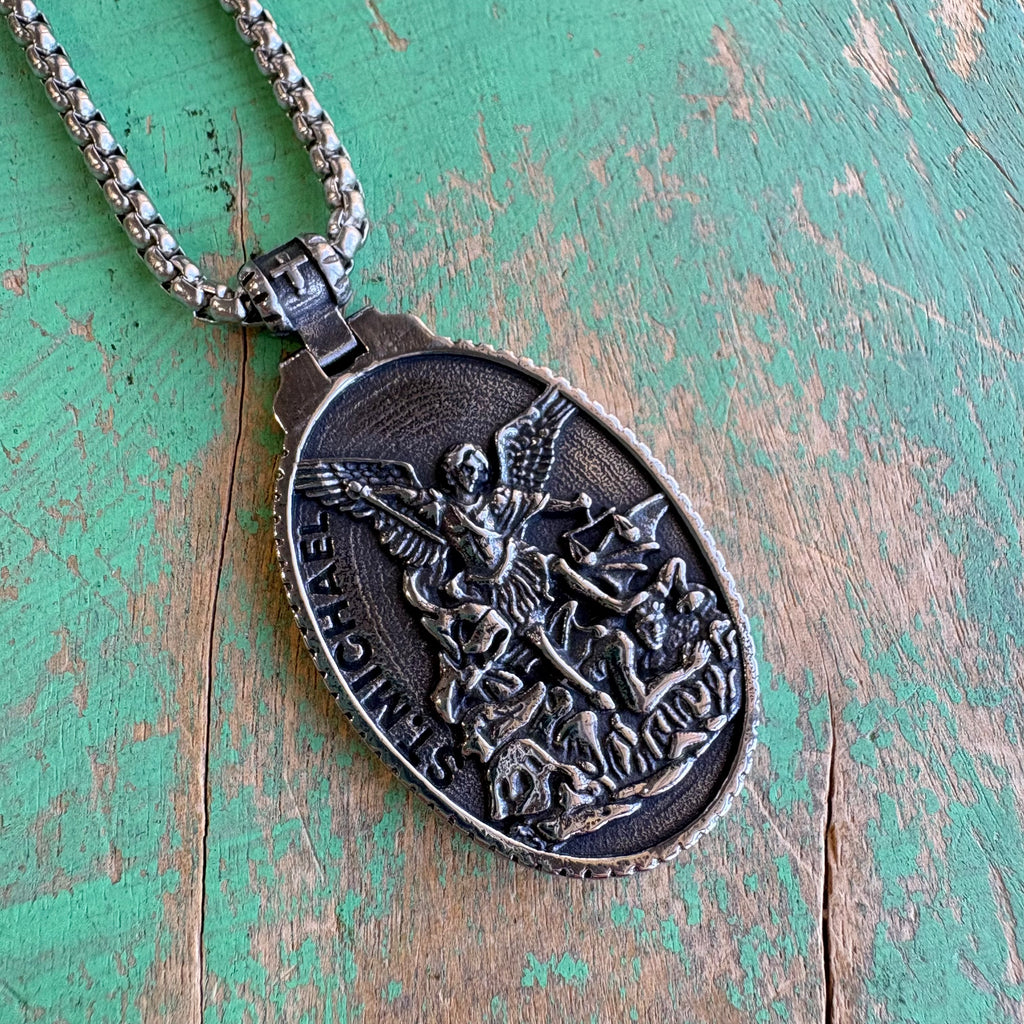 Stainless Steel Oval St Michael Pendant Necklace