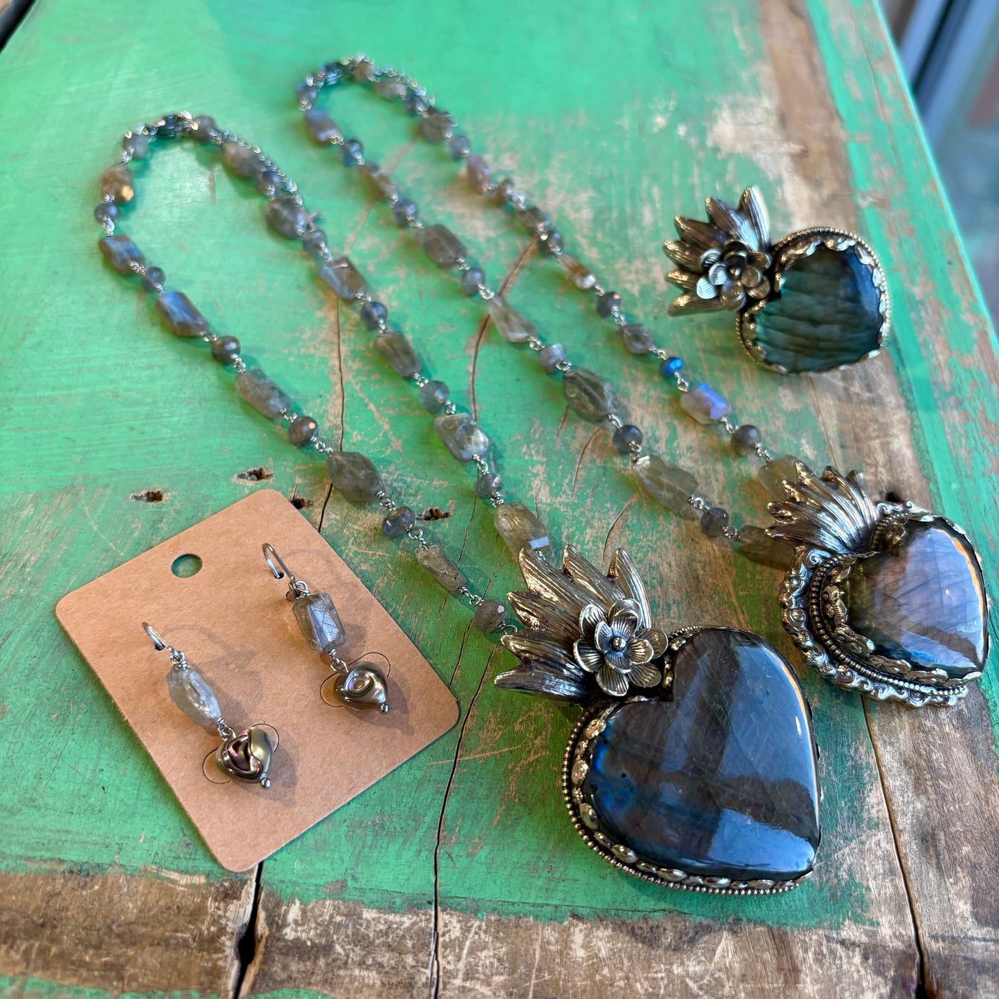 Labradorite Sacred Heart Necklace, Earrings and Rings