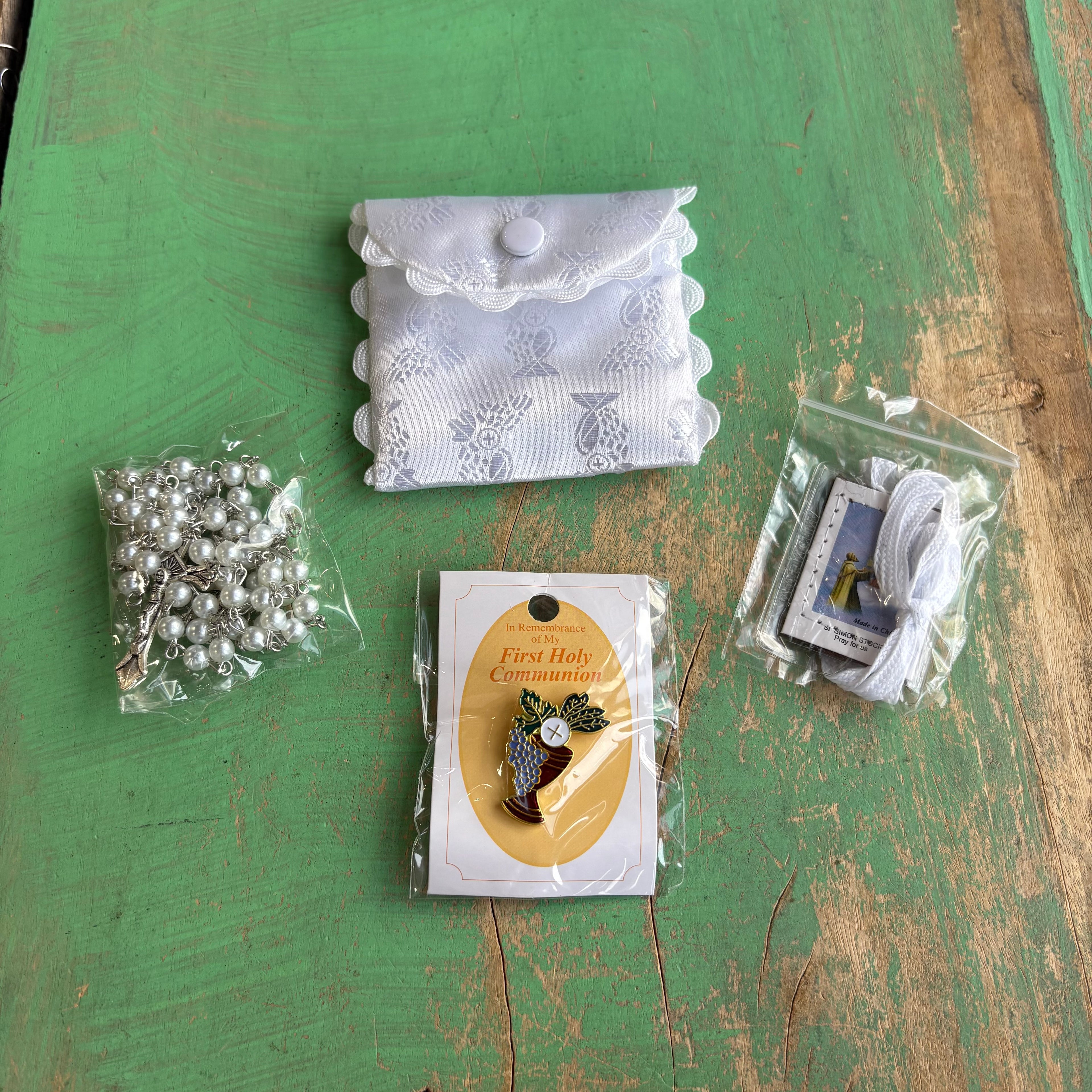 White First Communion Glass Rosary Kit