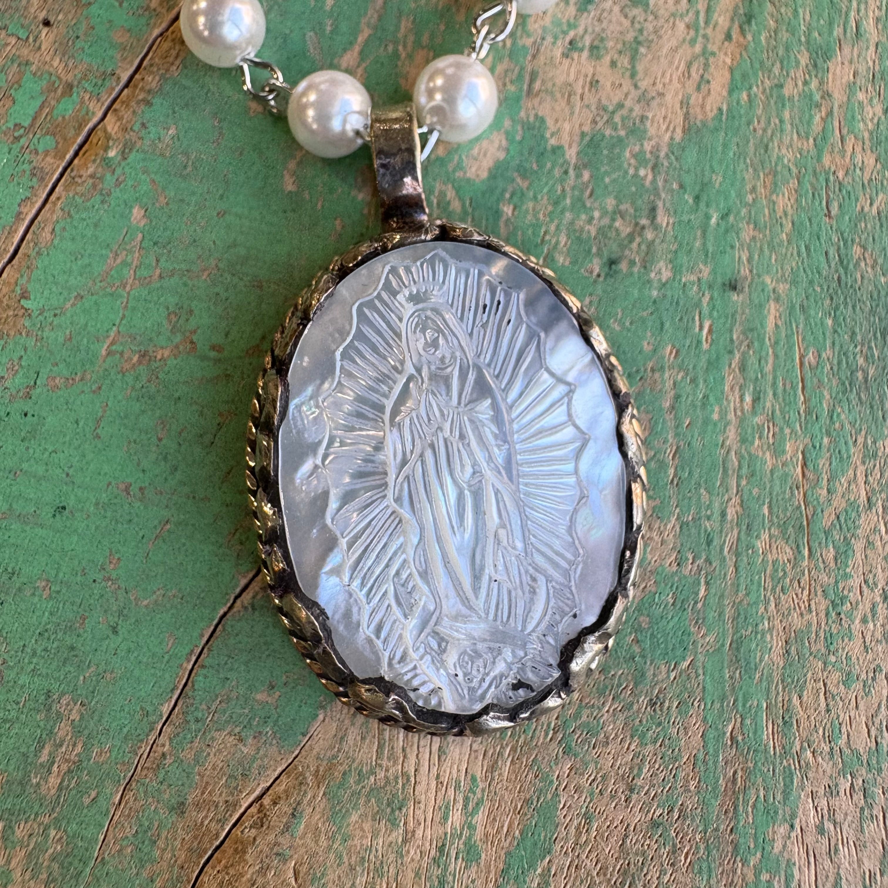 Mother of Pearl Our Lady of Guadalupe Double Strand Necklace