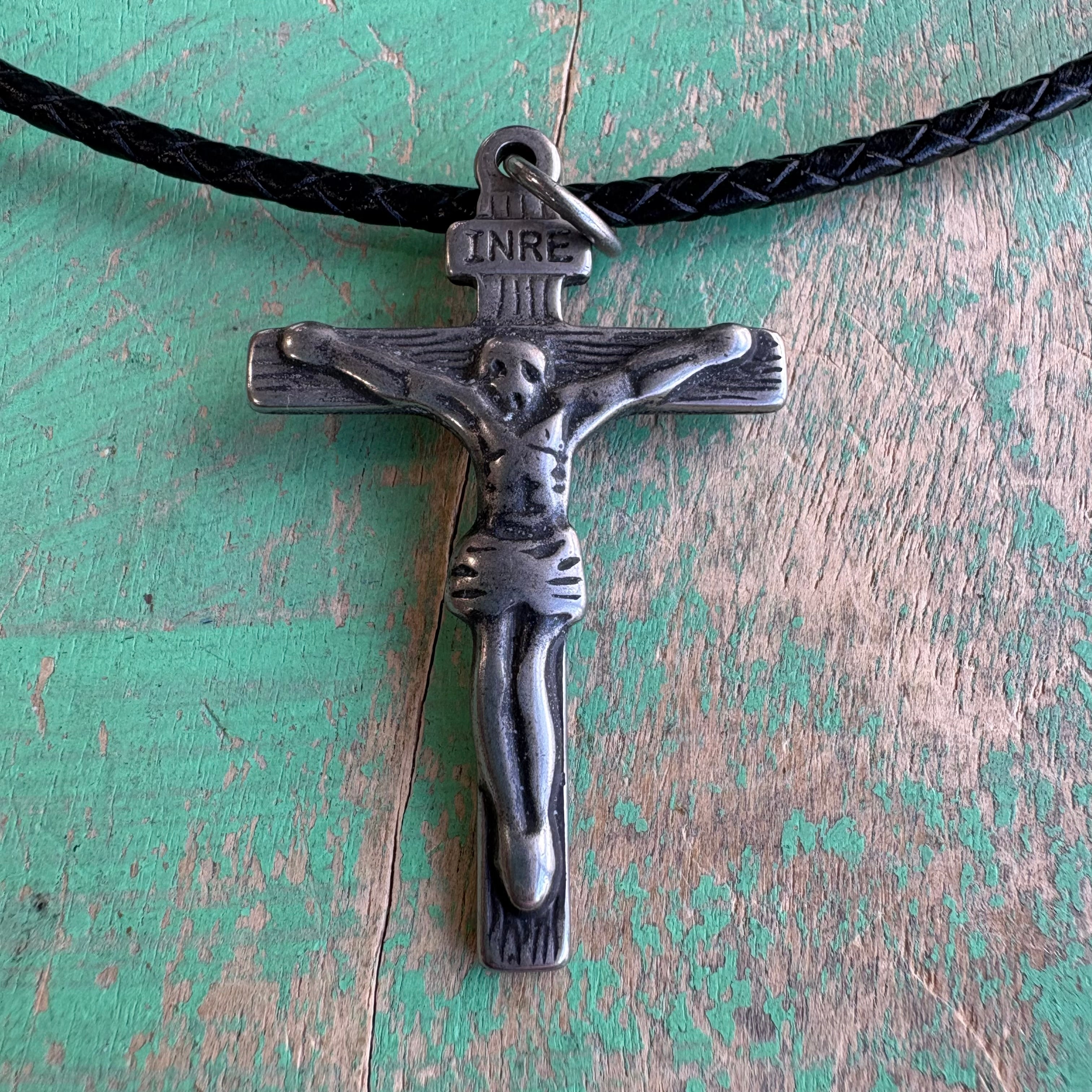 Braided Leather Cord Stainless Steel Crucifix Necklace