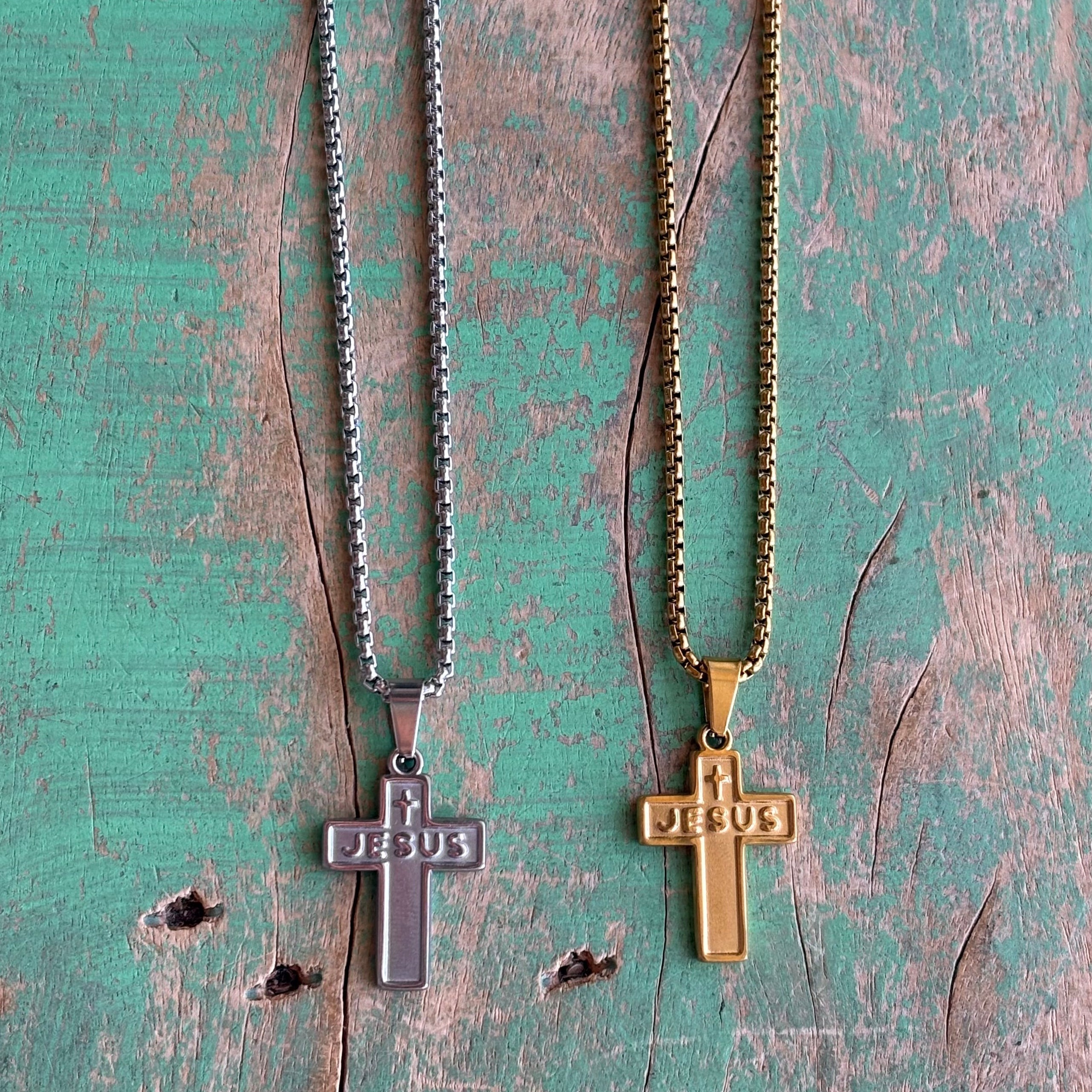 Jesus Cross Necklace – 19" Stainless Steel Rolo Chain | Gold or Silver