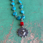 Turquoise Flaming Sacred Heart Necklace or Earrings