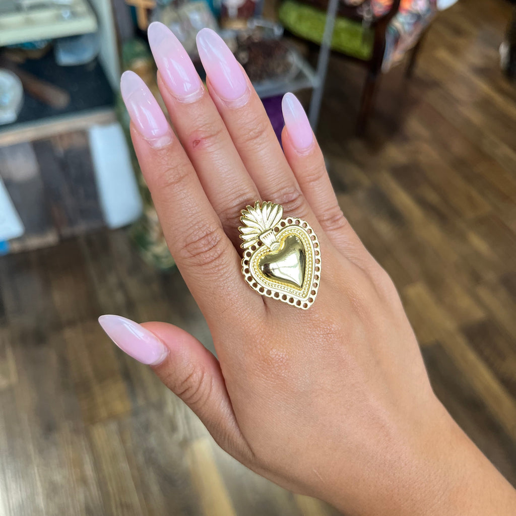 Adjustable Brass Sacred Heart Ring