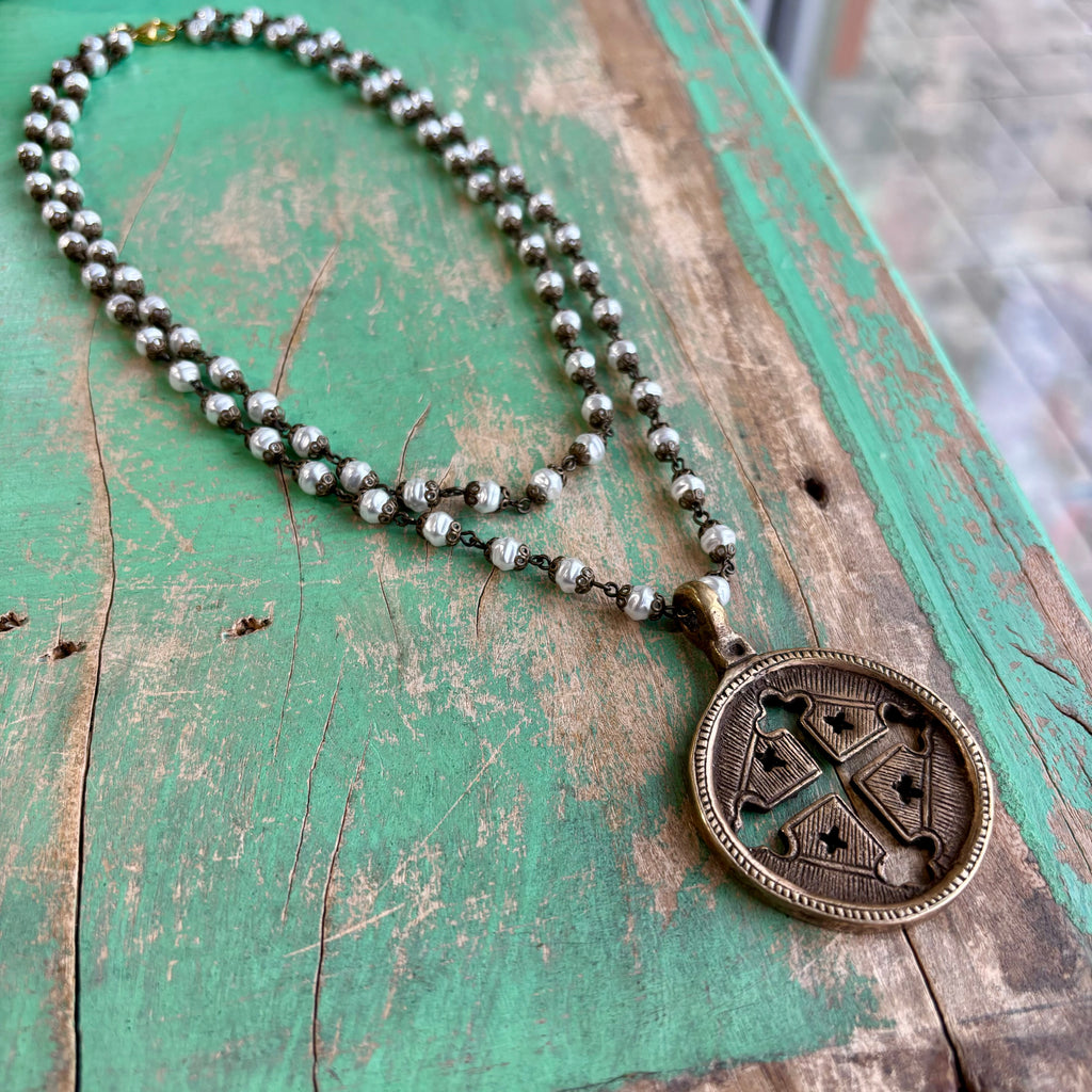 Czech Glass Pearl and Brass Jerusalem Cross Necklace