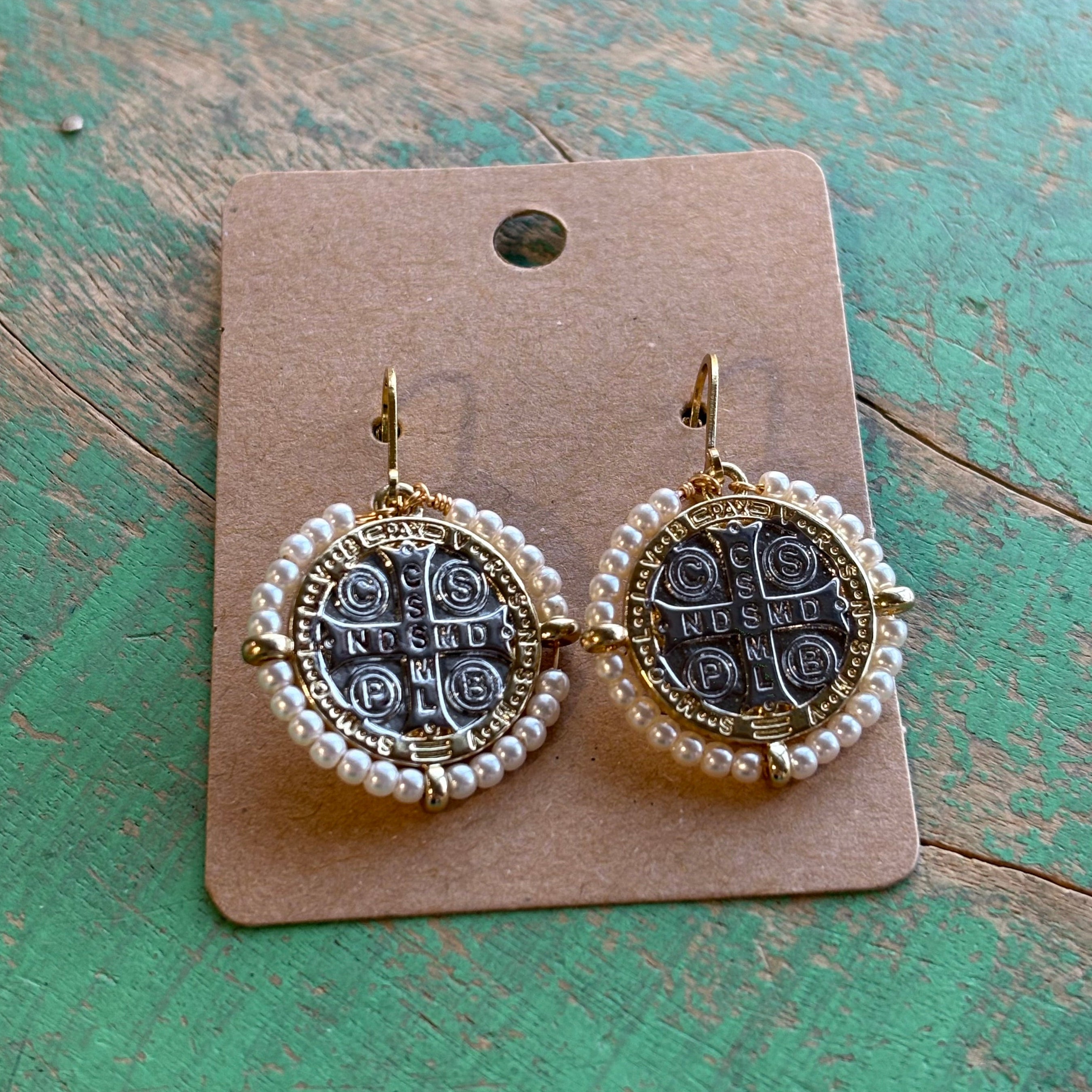 Two Tone Pearl St Benedict Necklace or Earrings