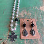 Mary Cross Pearl Necklace or Earrings
