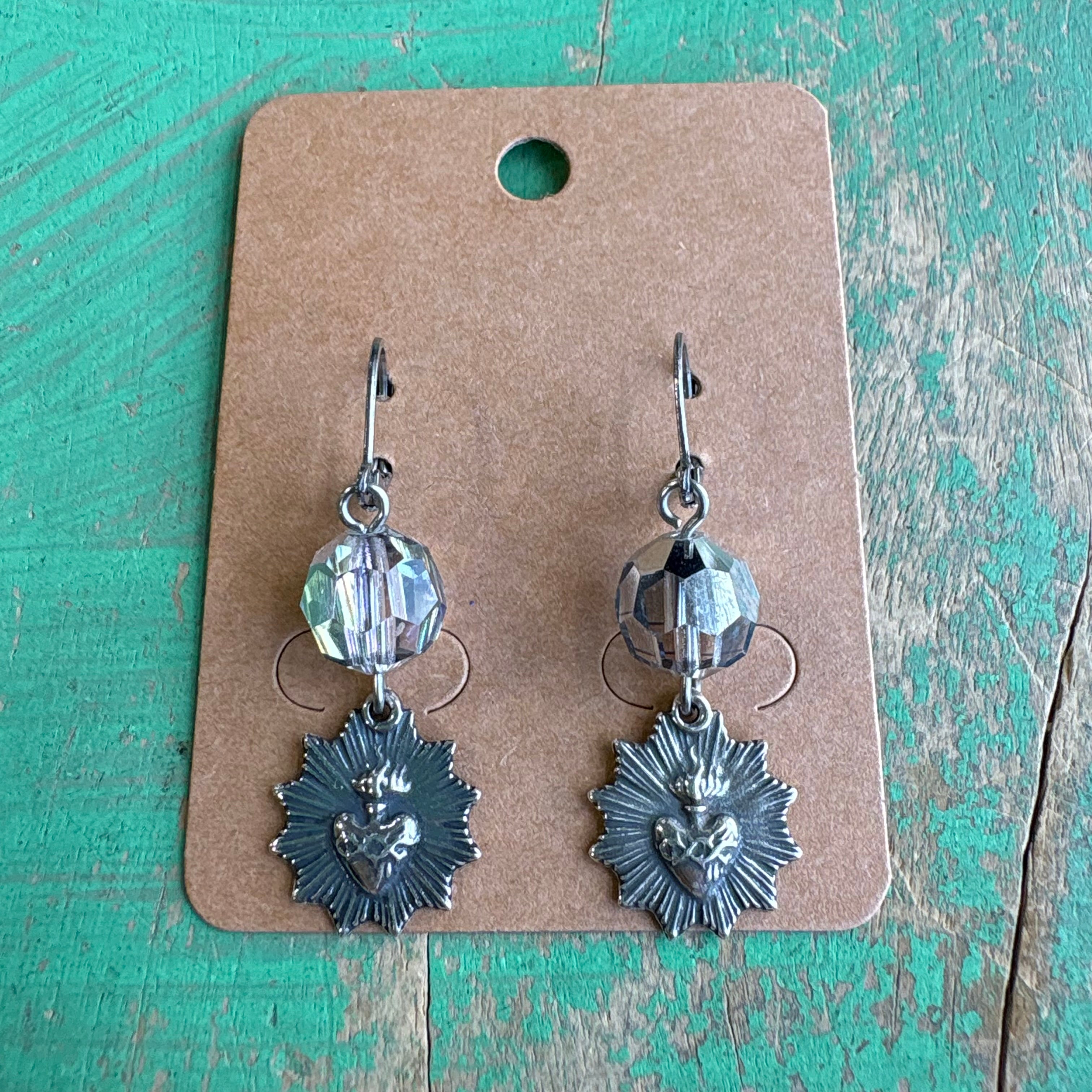 Silver Sacred Heart Crystal Earrings