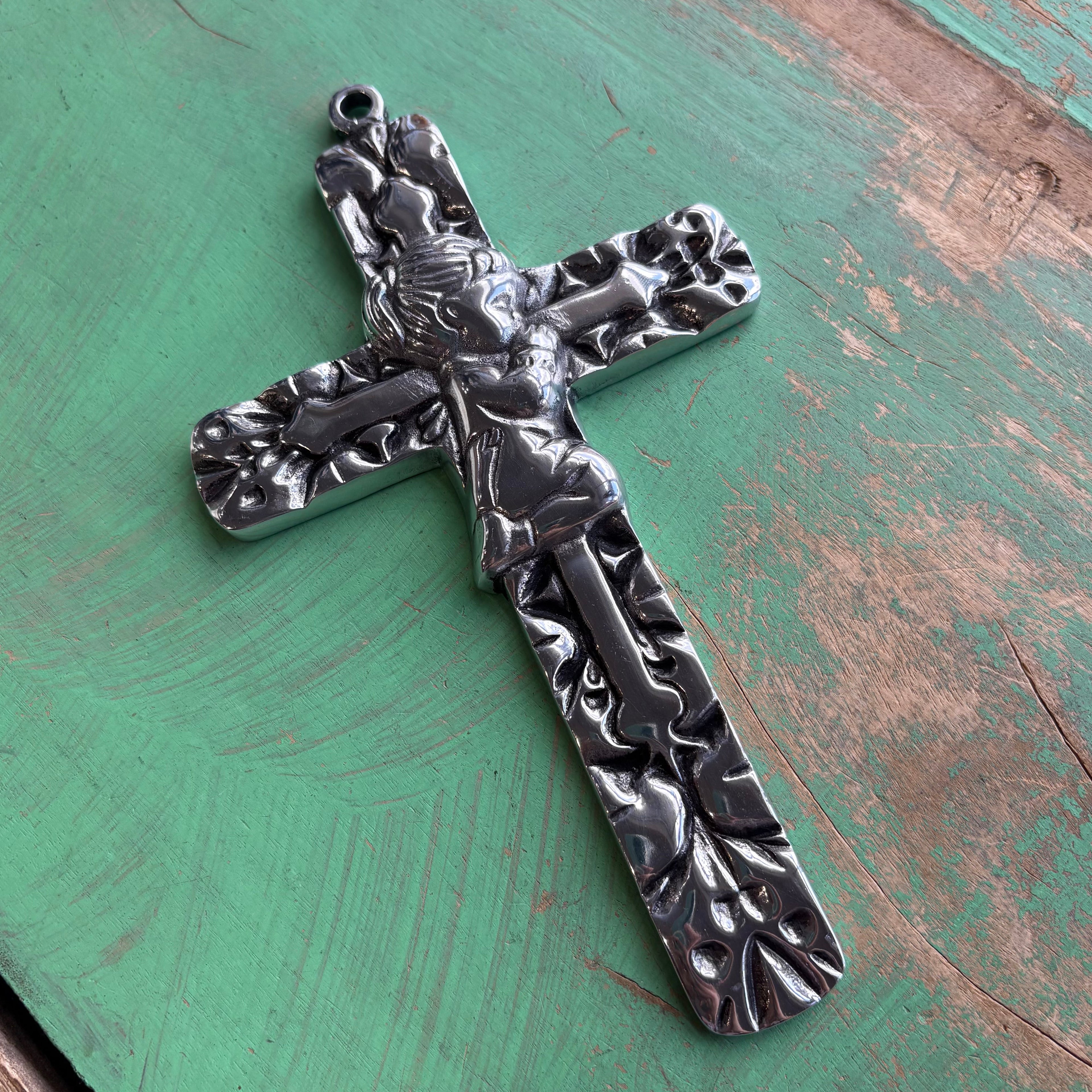 Ornate Pewter Kneeling Girl Cross