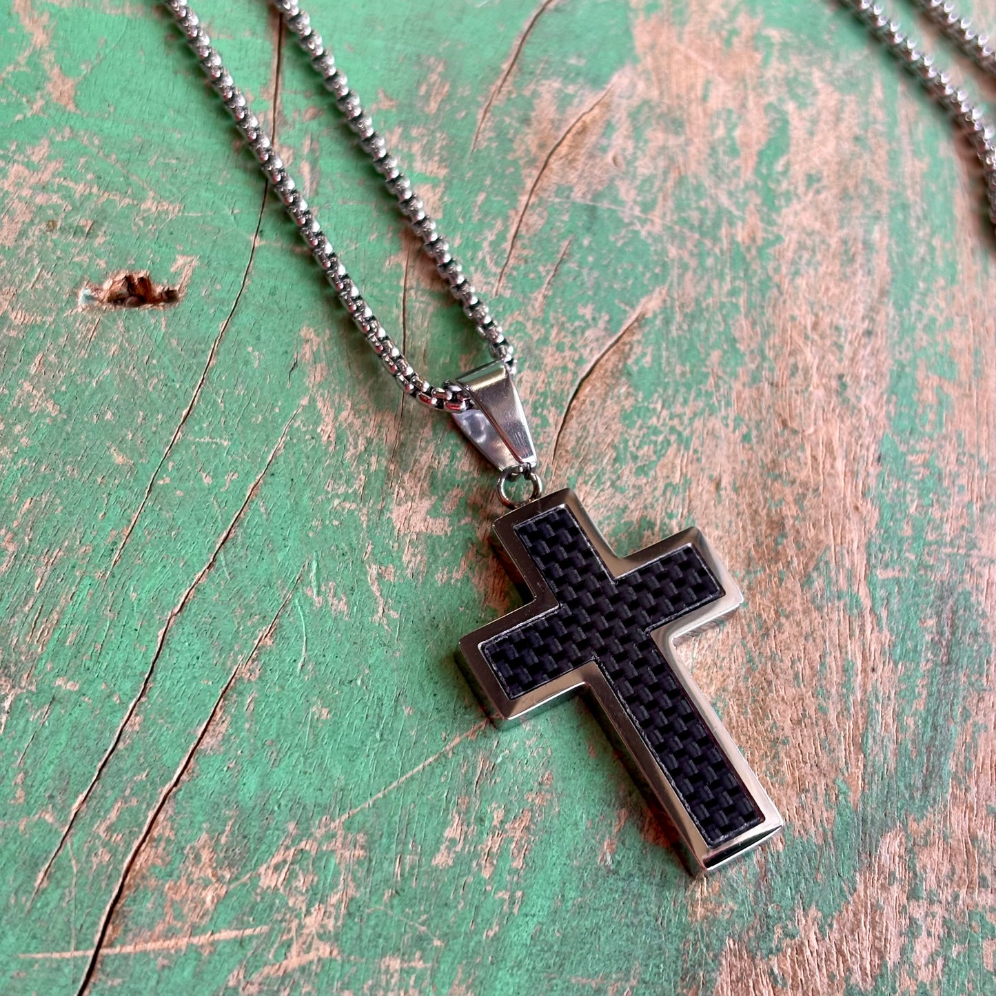 Black and Silver Stainless Steel Cross Chain