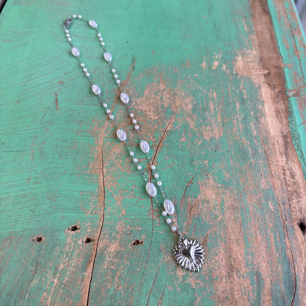 Silver Sacred Heart Pearl Chain Necklace or Earrings