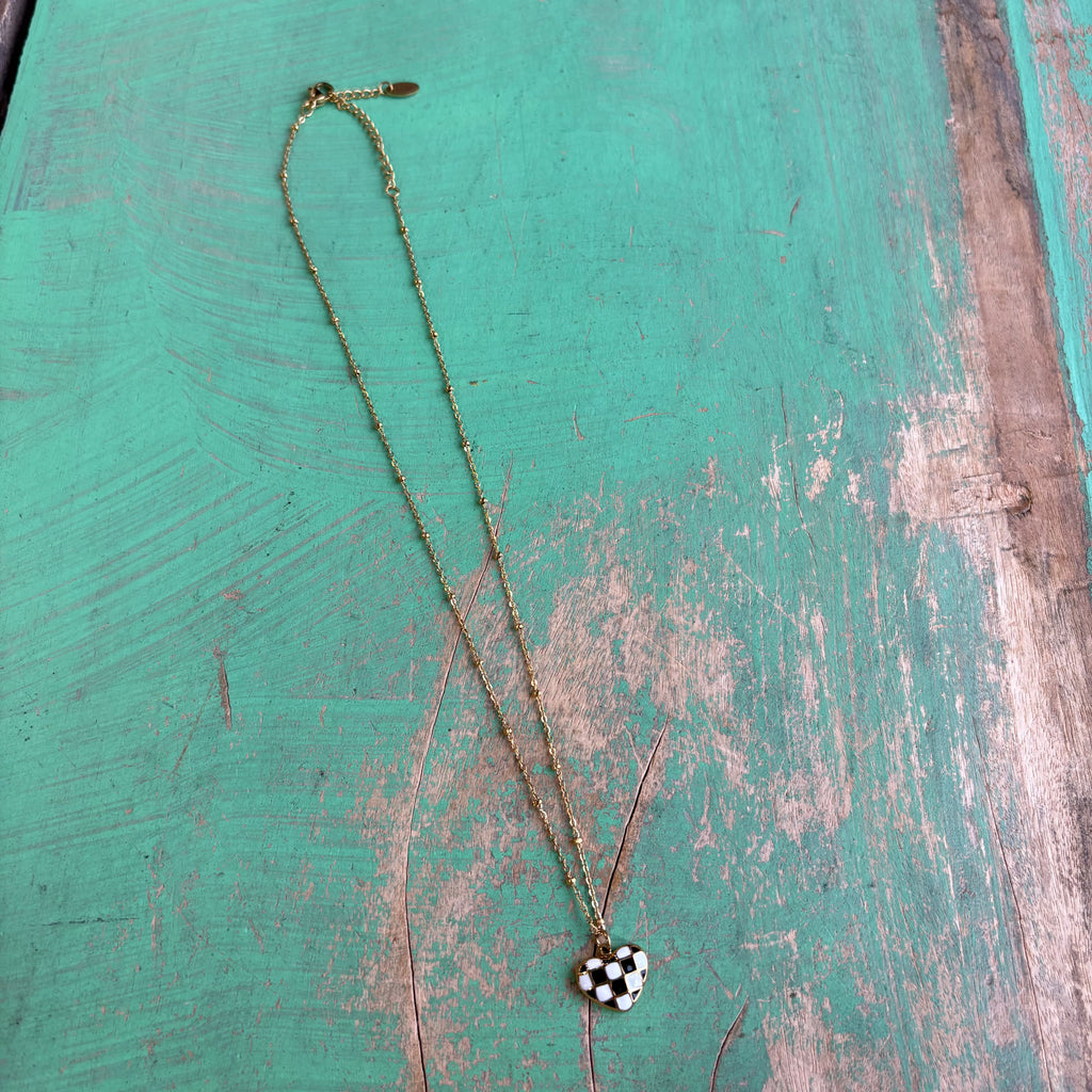 Checkered Gold Stainless Steel Heart Necklace, Earrings or Ring