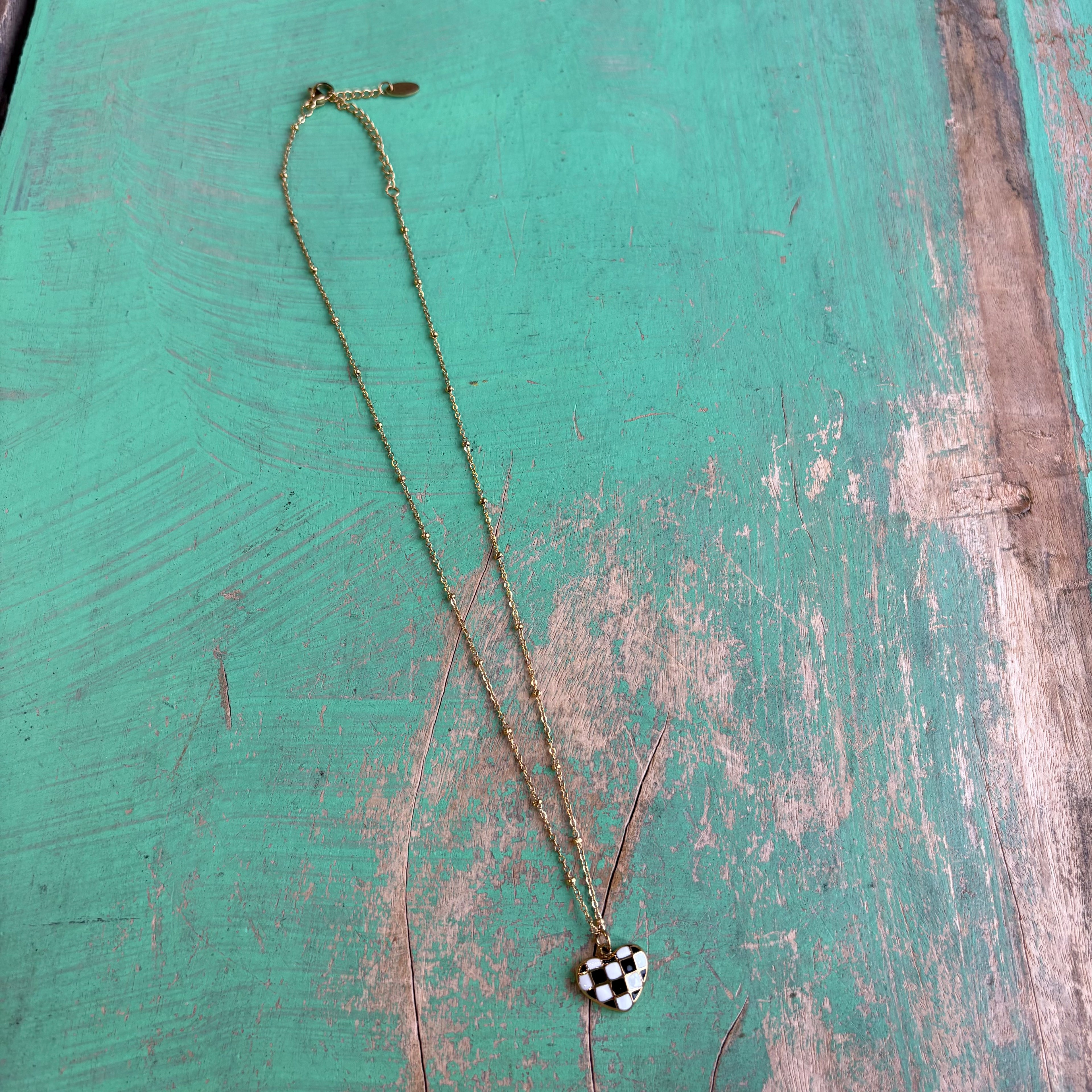 Checkered Gold Stainless Steel Heart Necklace, Earrings or Ring