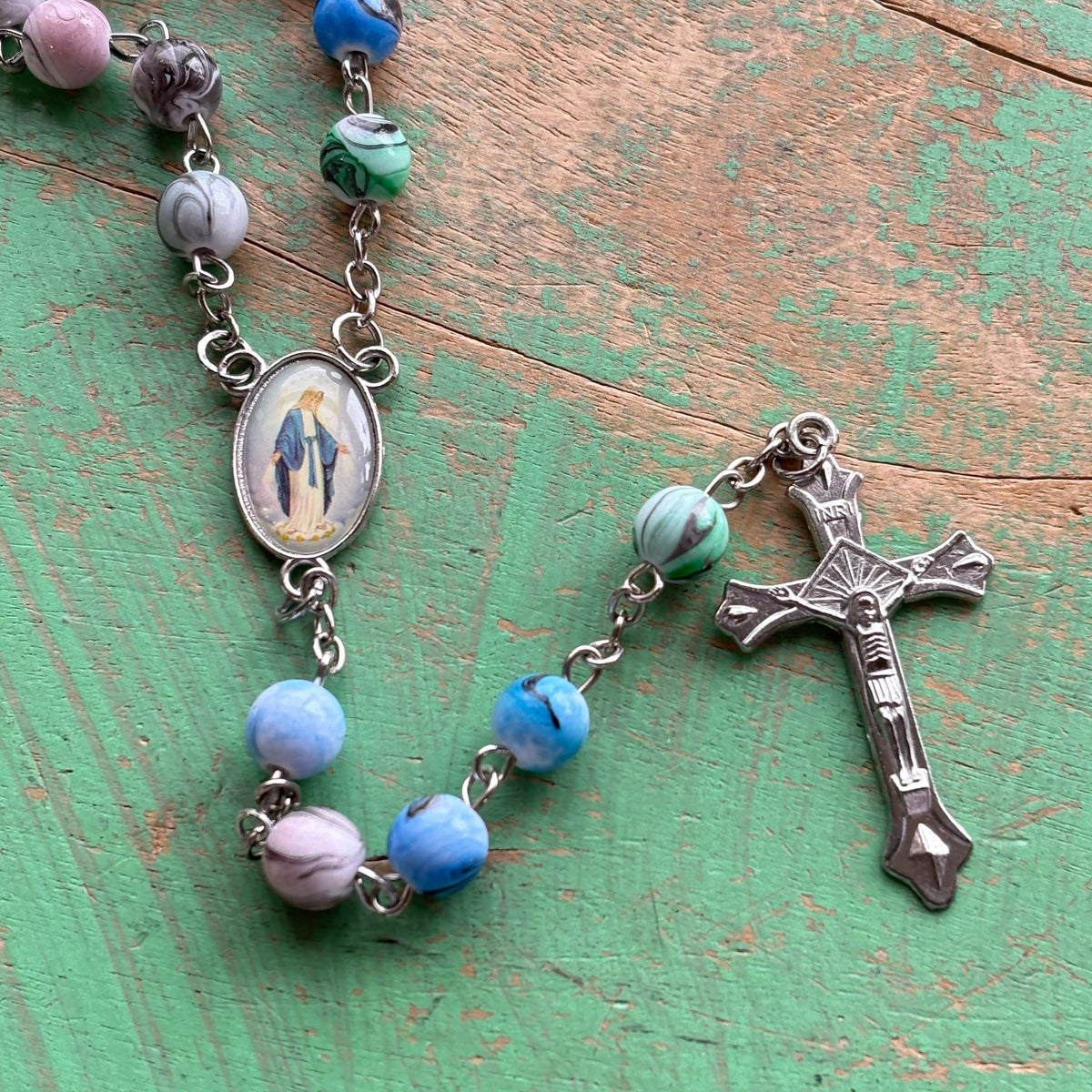 Our Lady of Grace Multicolor Swirl Bead Rosary – 32”