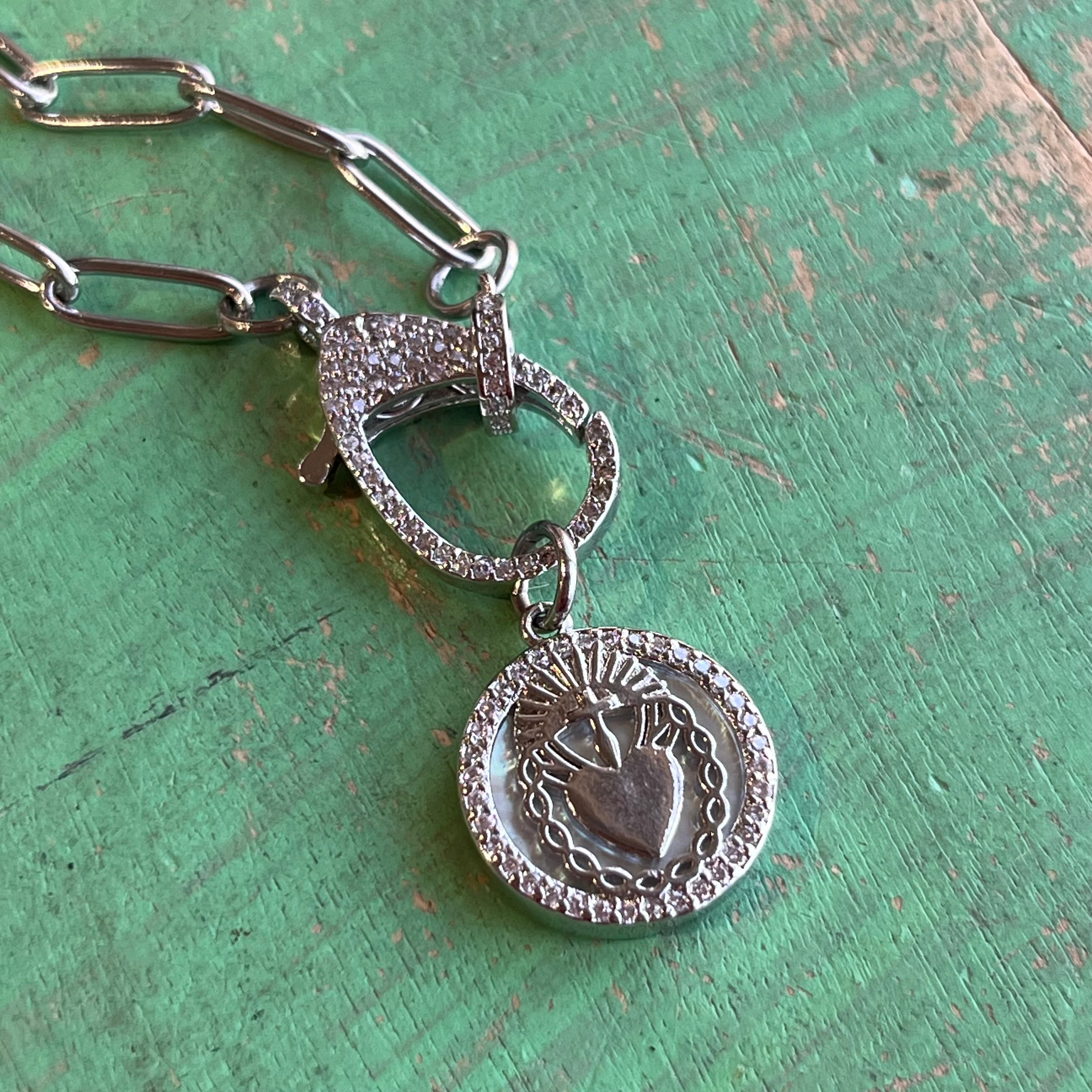 Sacred Heart Mother of Pearl CZ Clasp Paperclip Necklace