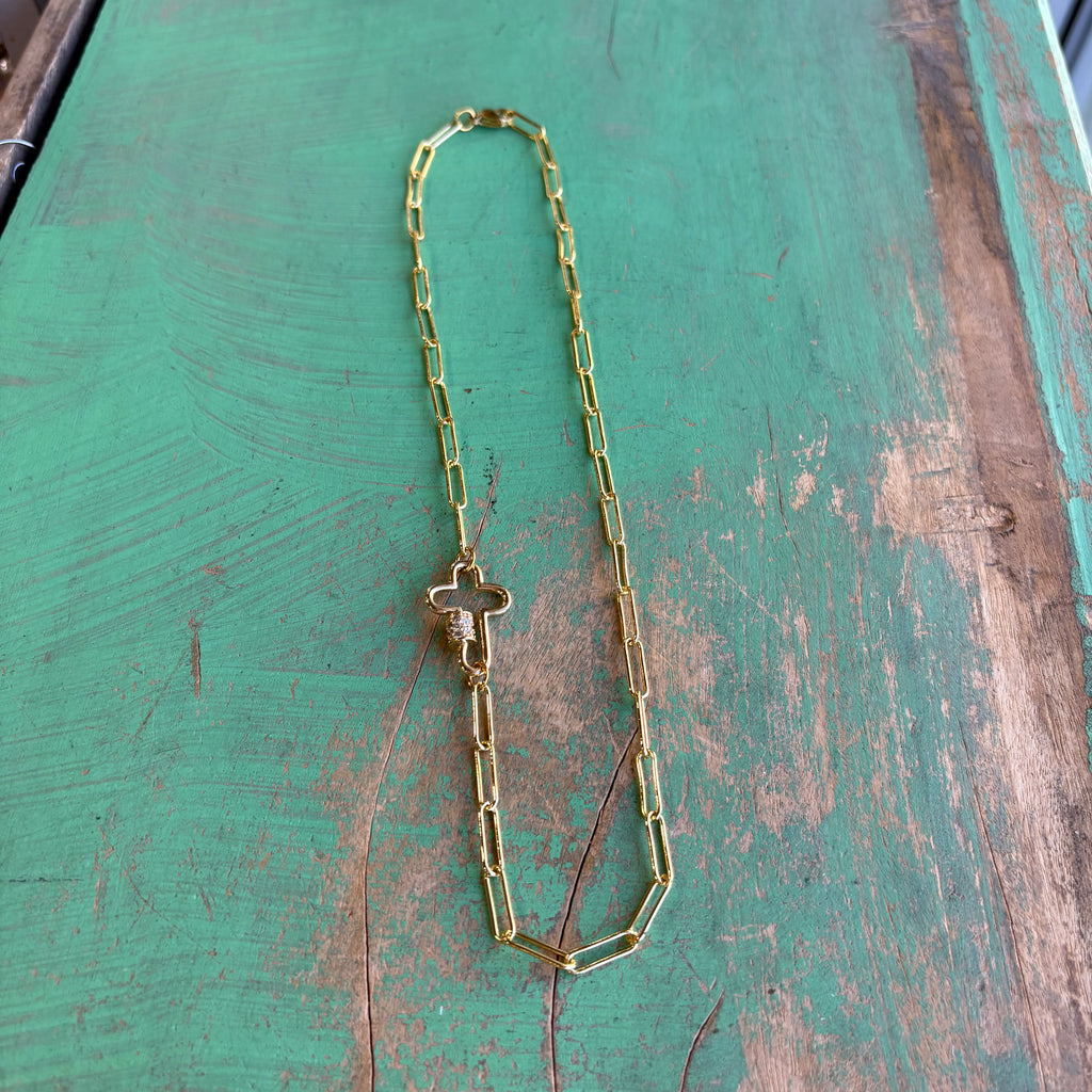 Gold Paper Clip Cross Clasp Necklace