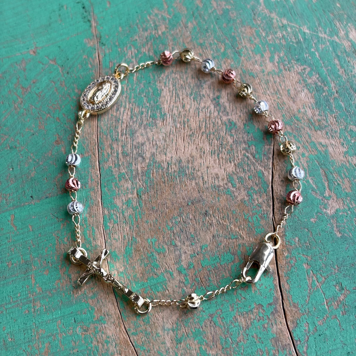 Tri-Color Our Lady of Guadalupe Rosary Decade Bracelet – 18K Gold Plated