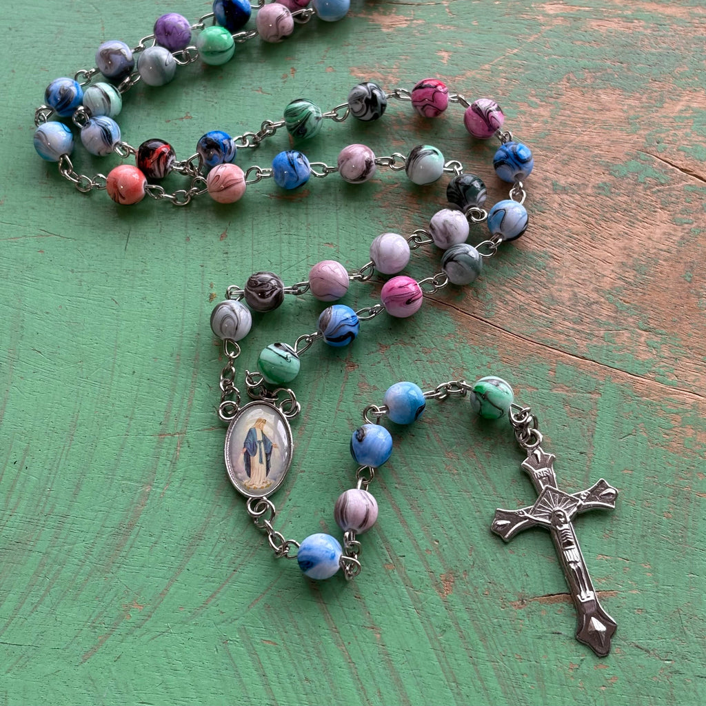 Our Lady of Grace Multicolor Swirl Bead Rosary – 32”
