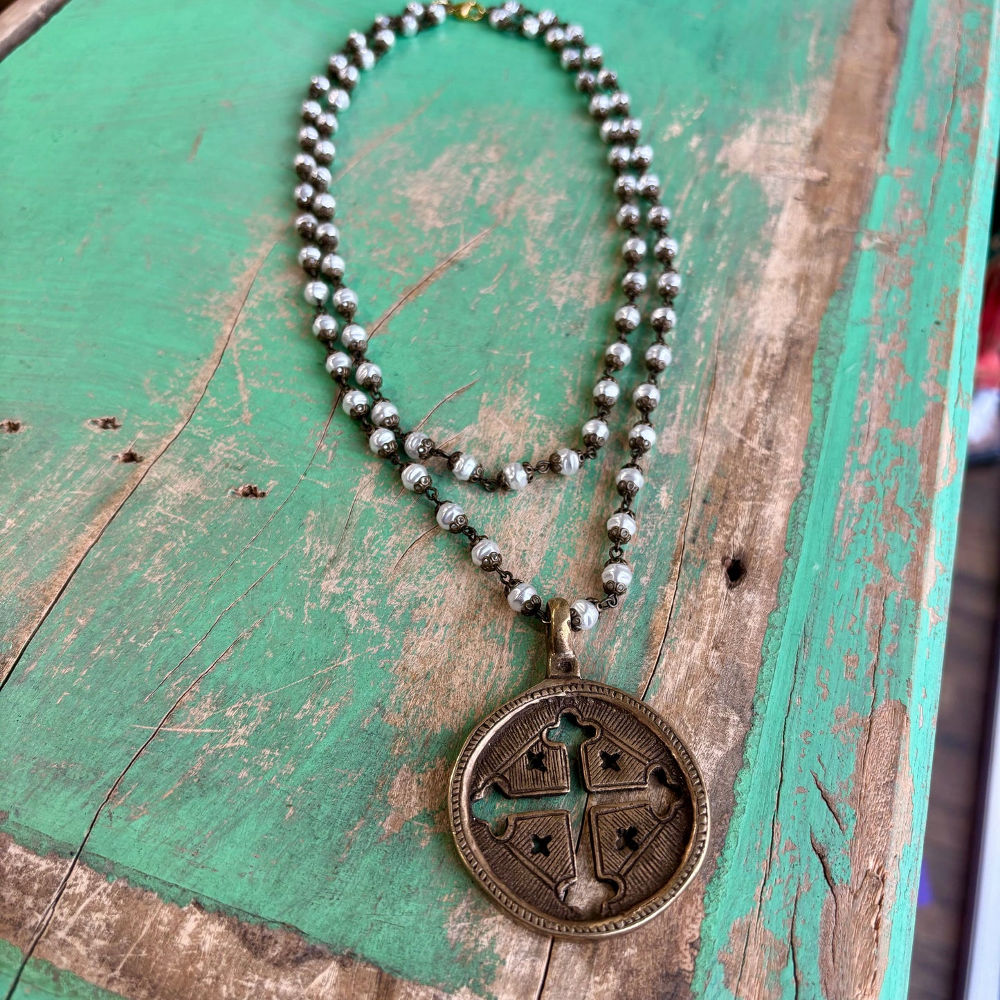 Czech Glass Pearl and Brass Jerusalem Cross Necklace