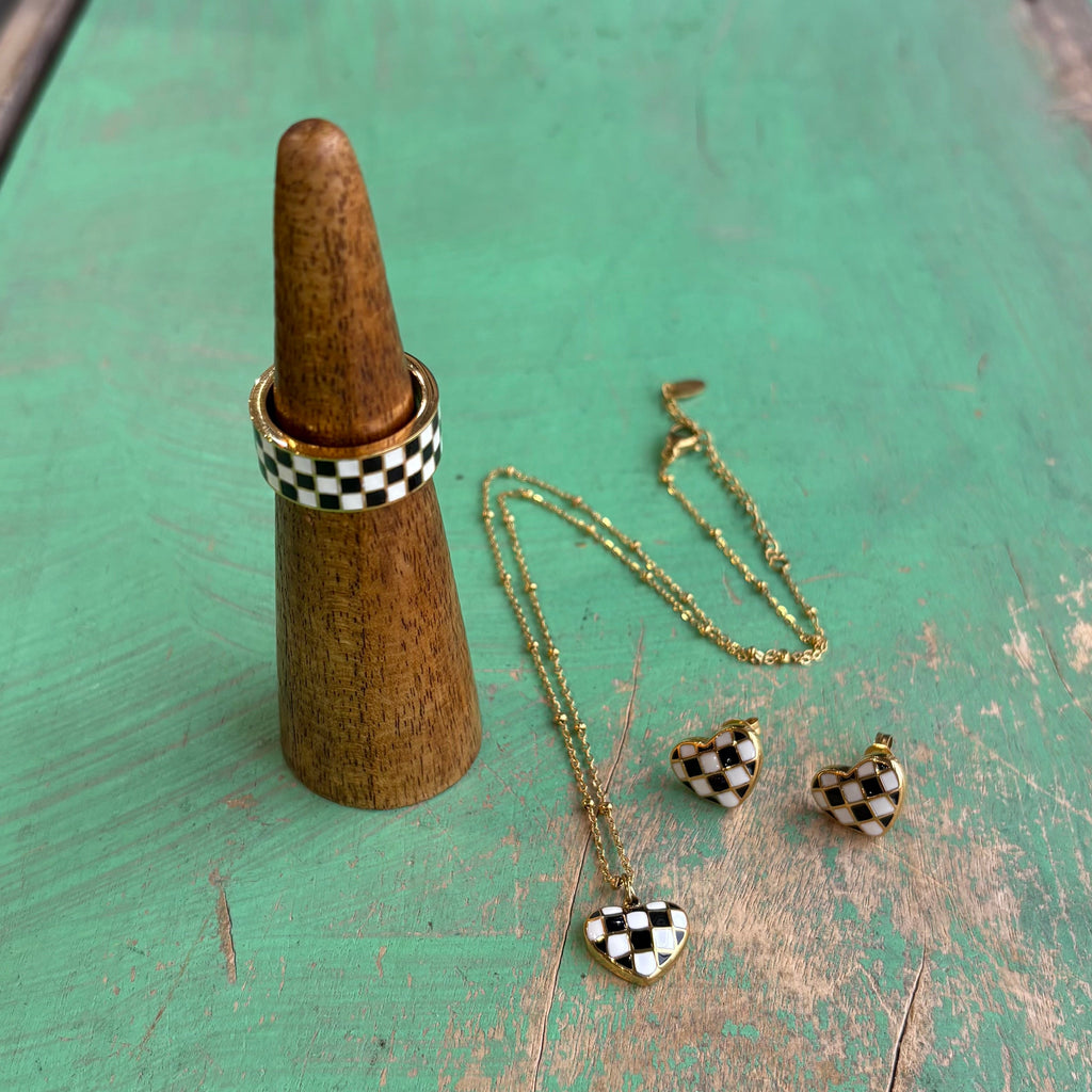 Checkered Gold Stainless Steel Heart Necklace, Earrings or Ring