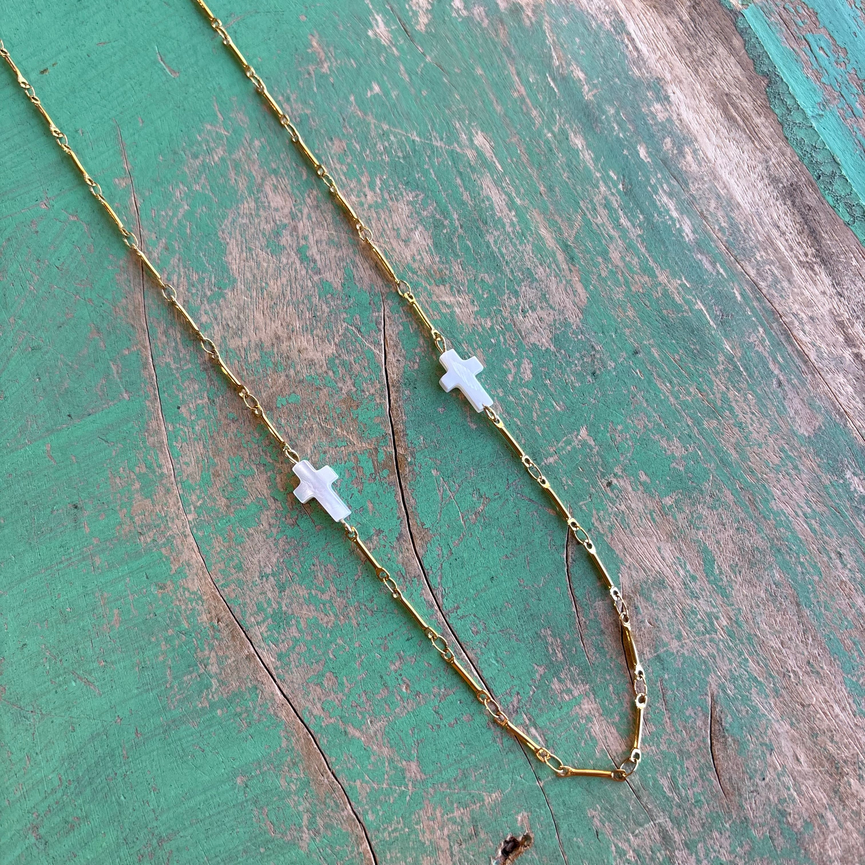 Shell Cross Long Bar Link Chain Necklace