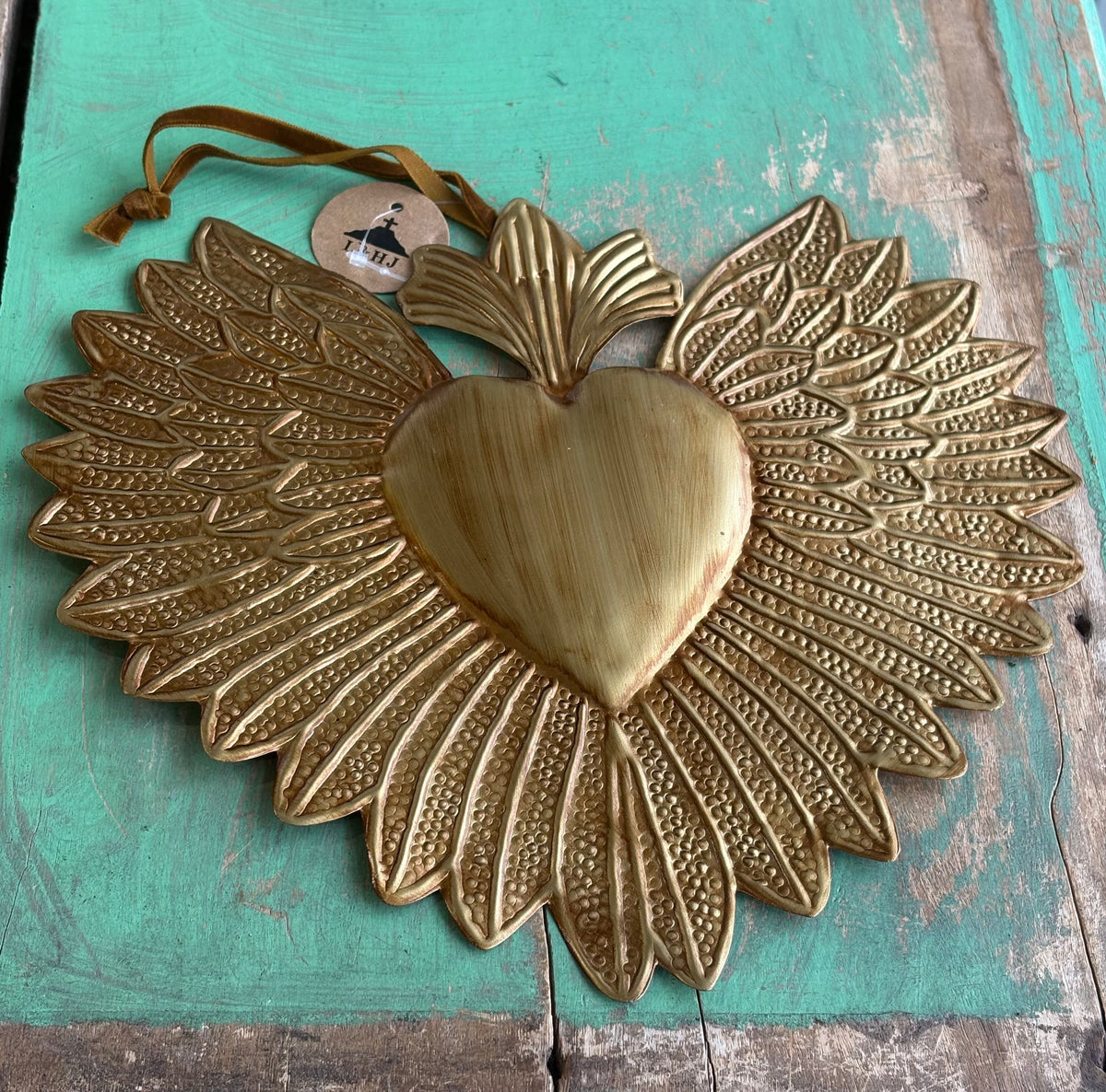 Antique Gold Winged Sacred Heart With Cross Ex-Voto Wall Ornament – 9.5” Handmade in India (Copy)