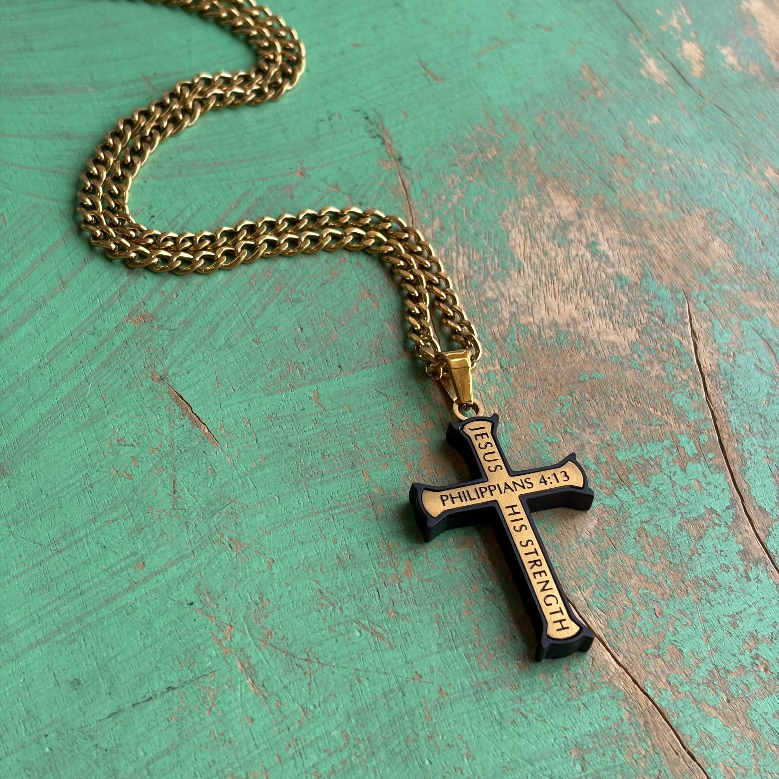 Gold and Black Iron Cross 24" Necklace